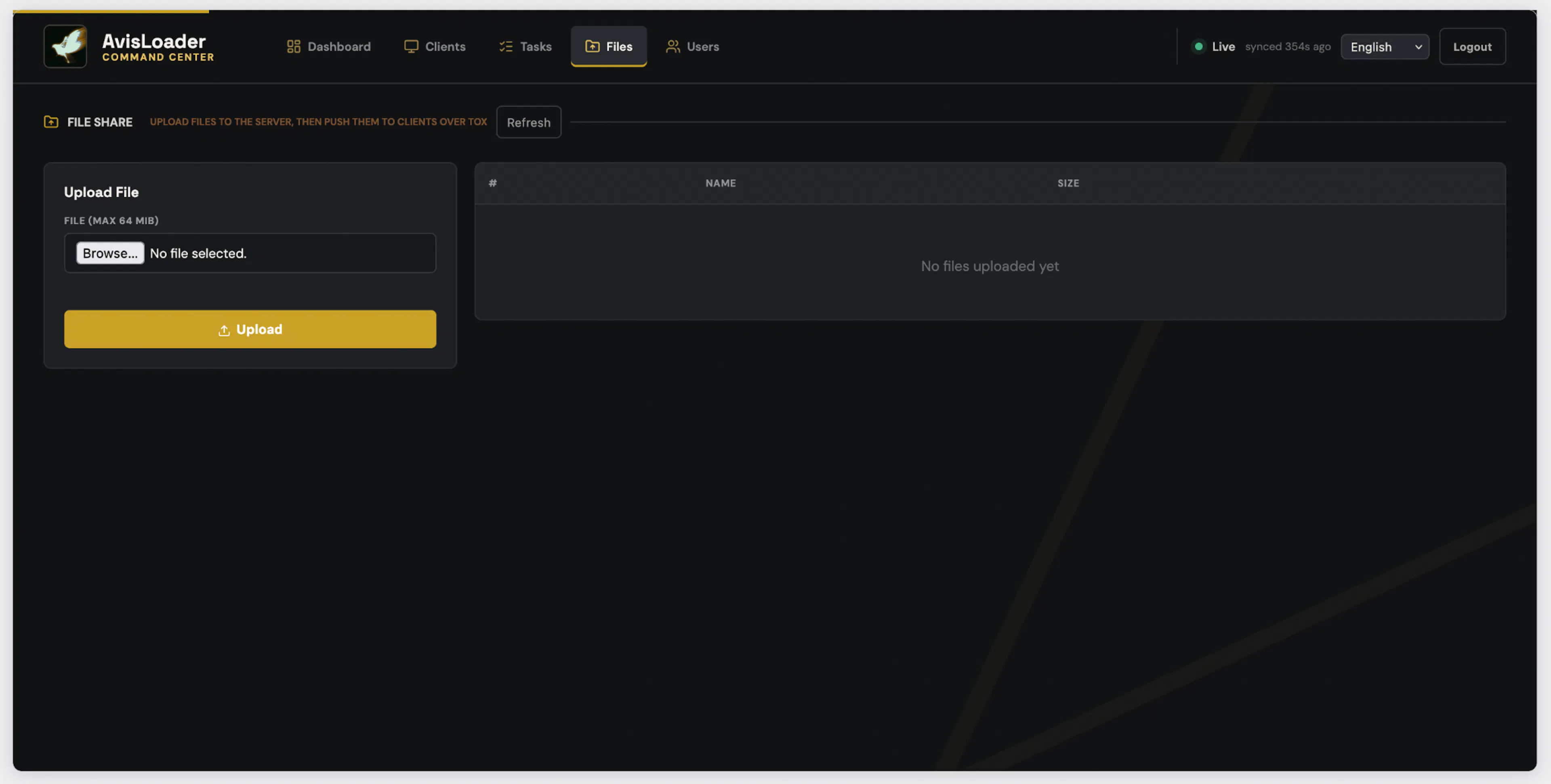 The Files tab, offering payload delivery over Tox.
