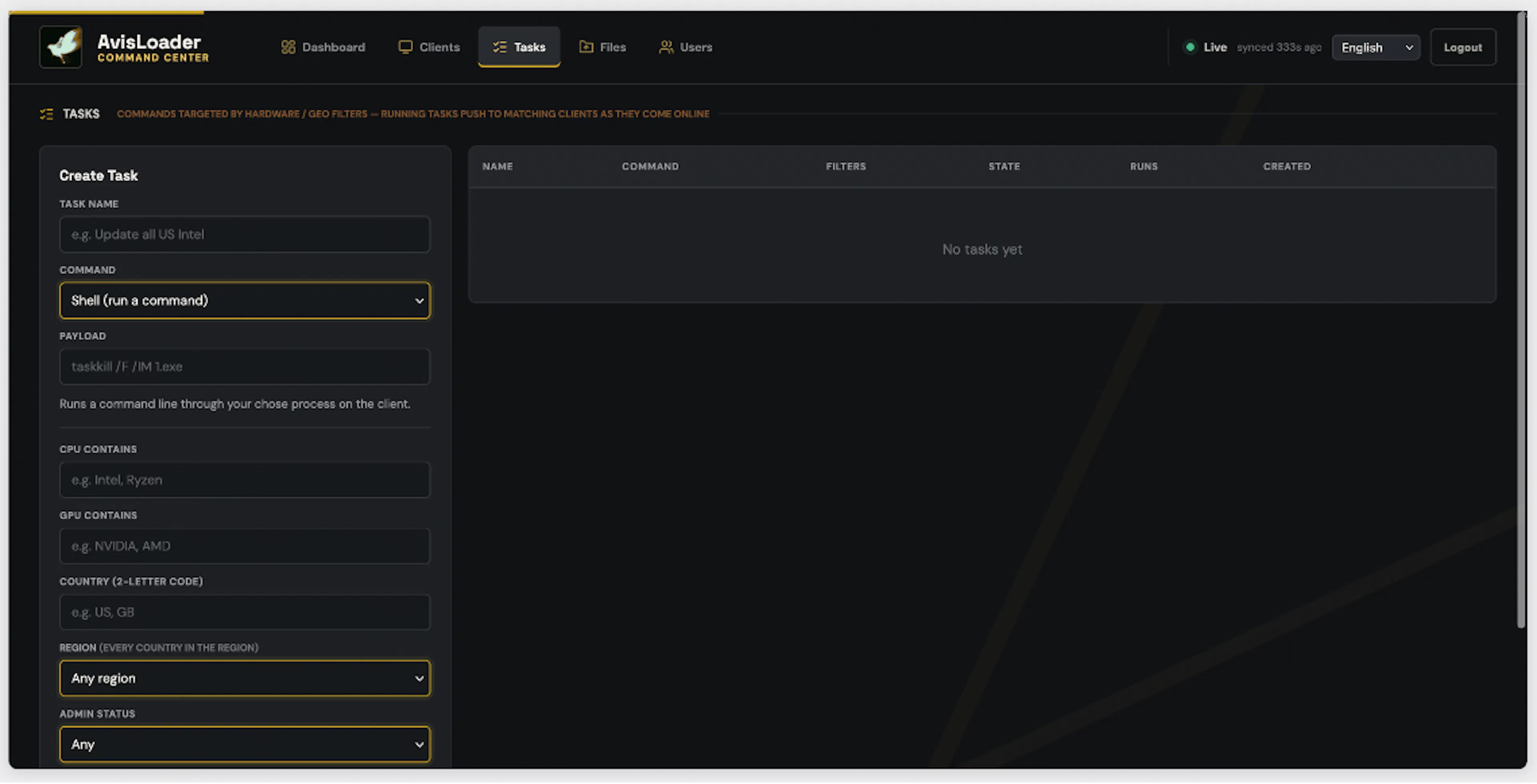 Task controls for selecting clients by hardware and location.