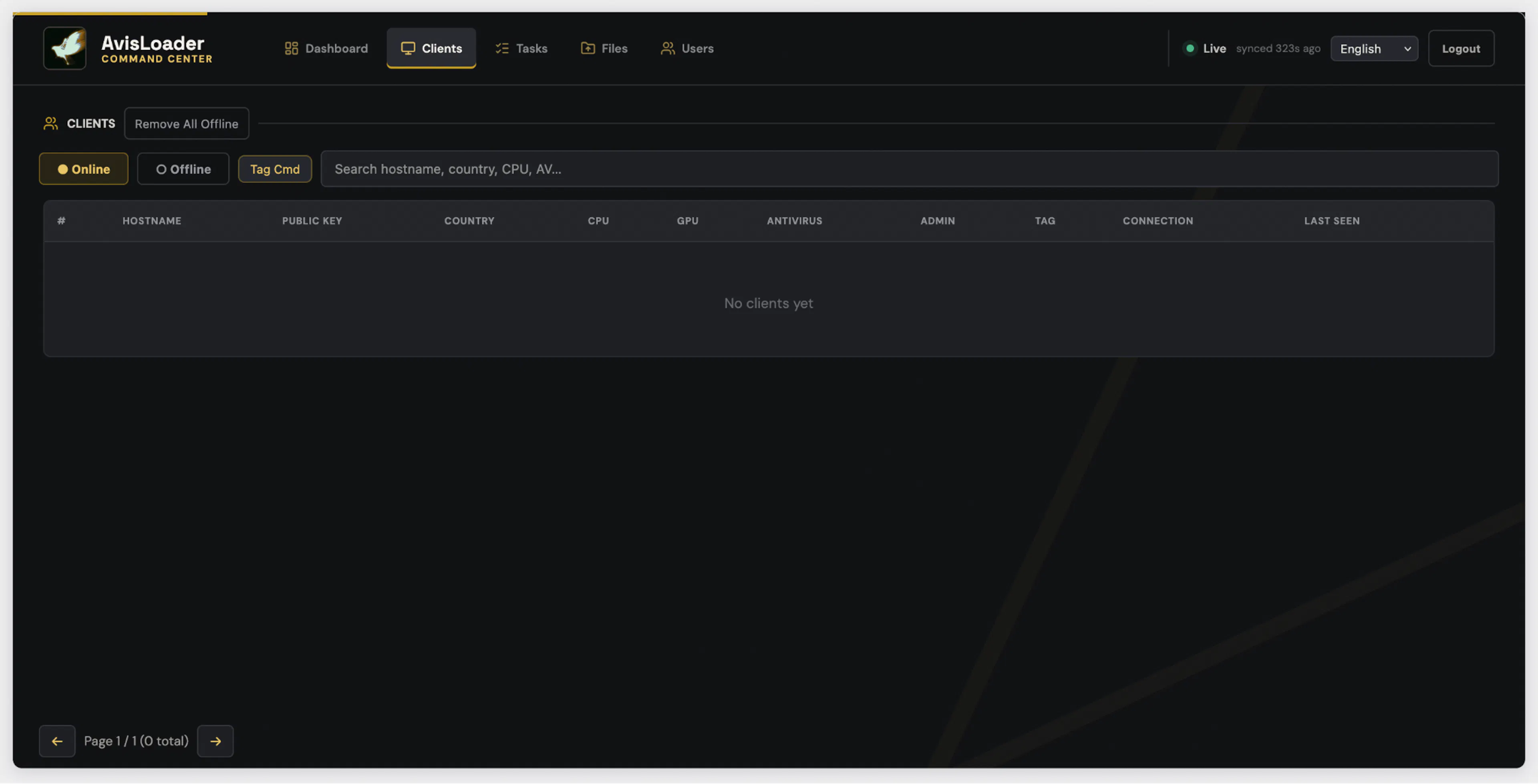 The Clients table, showing host information and public-key fields.