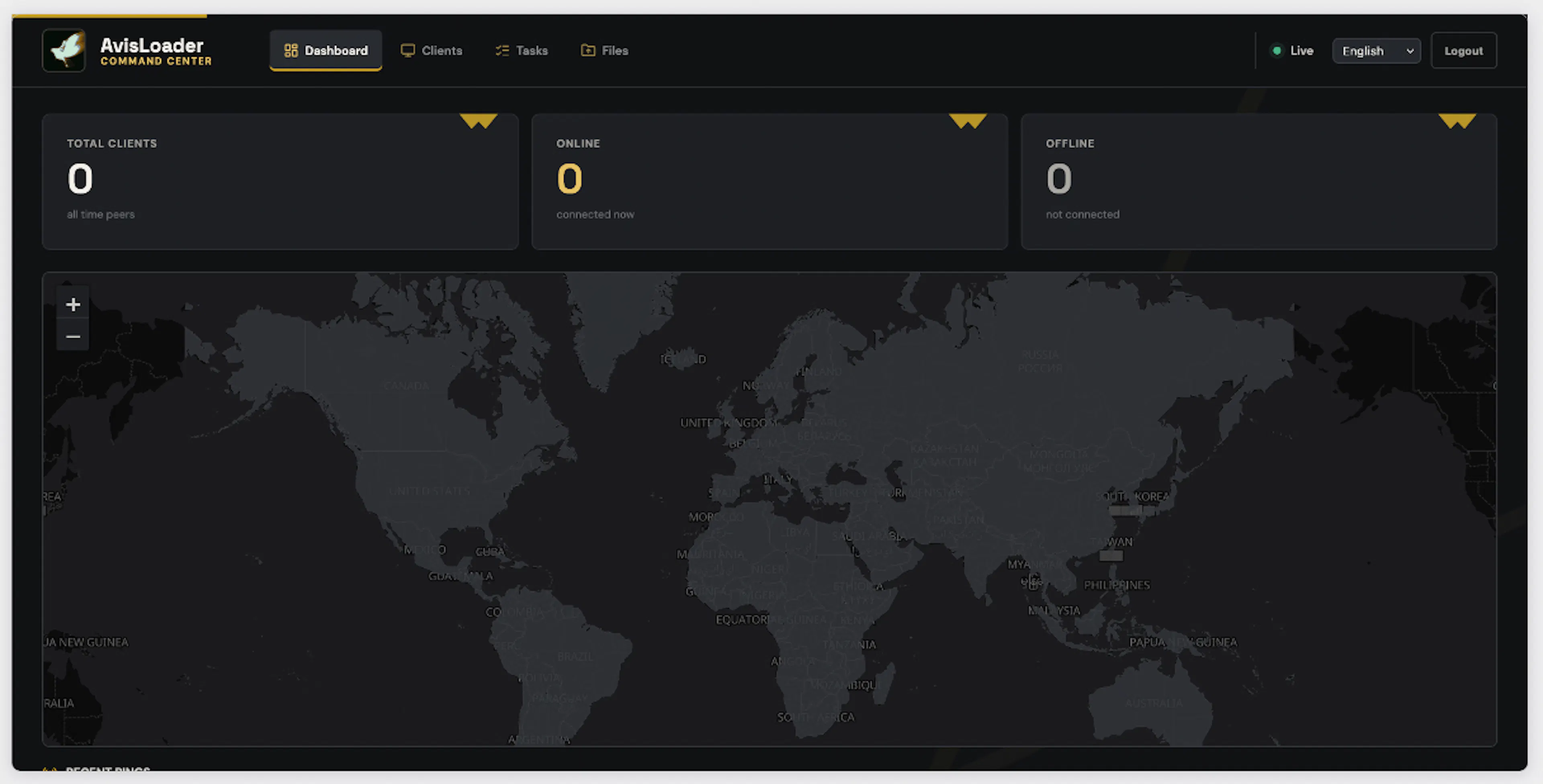 The AvisLoader dashboard, showing client counts and a world map.