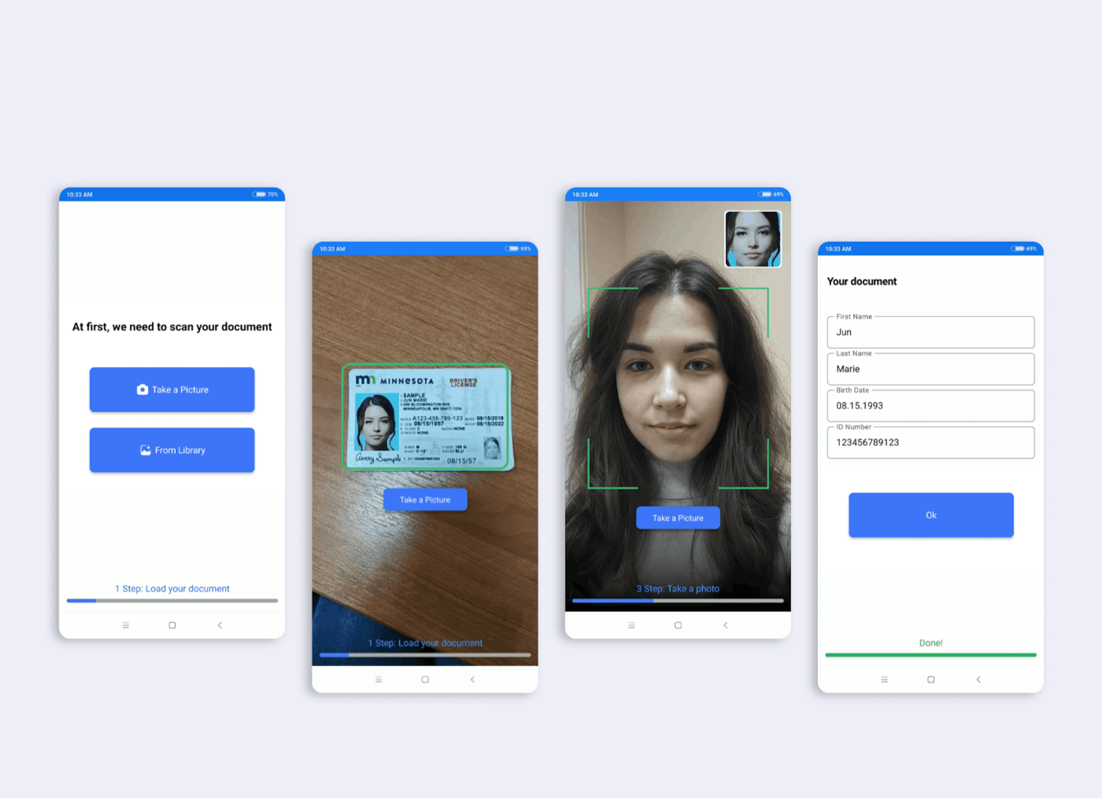 Example of a mobile KYC app with facial recognition and document detection