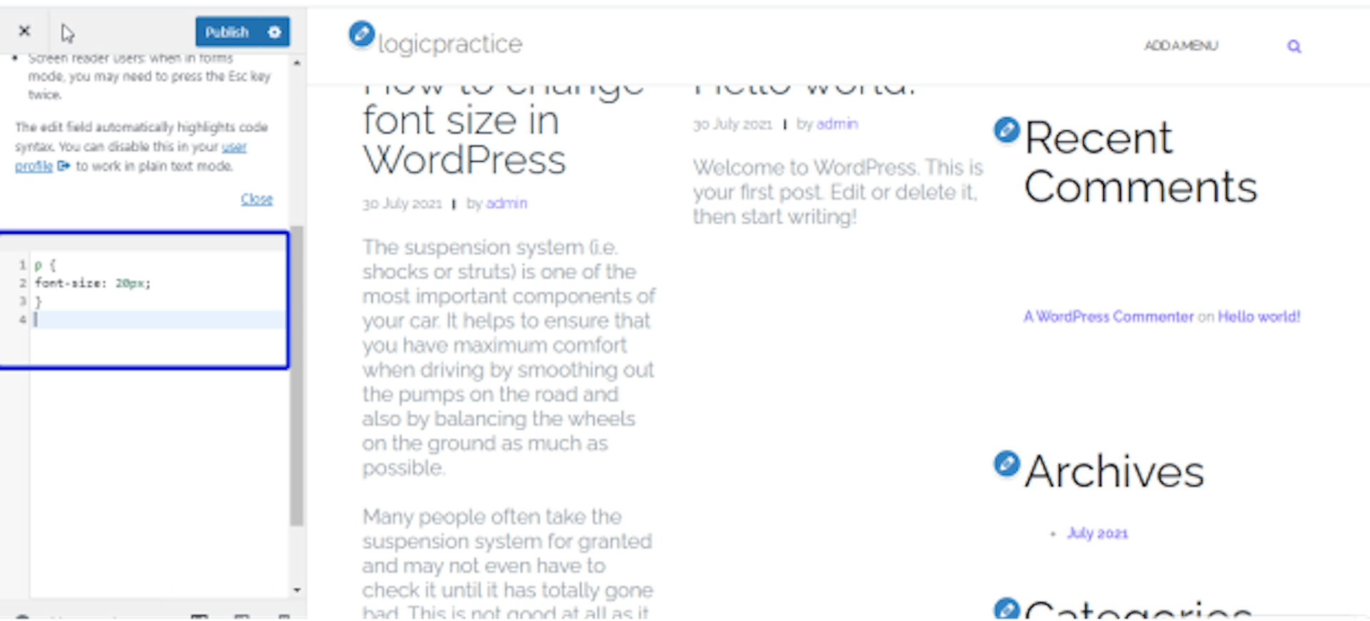 Changing font size using CSS