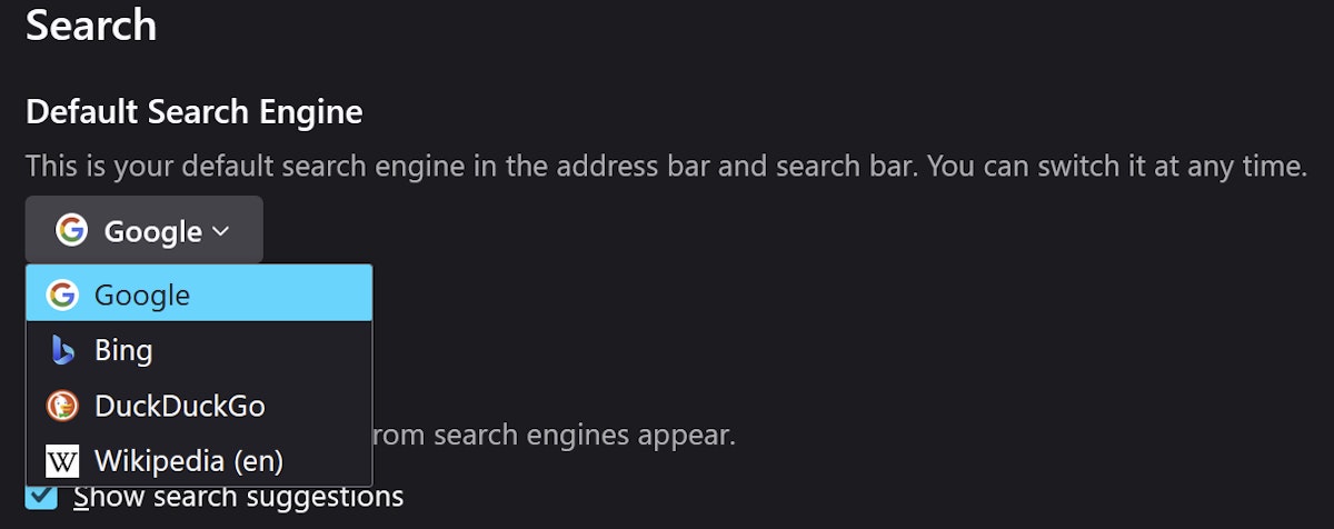 Firefox Default Search Engine Options