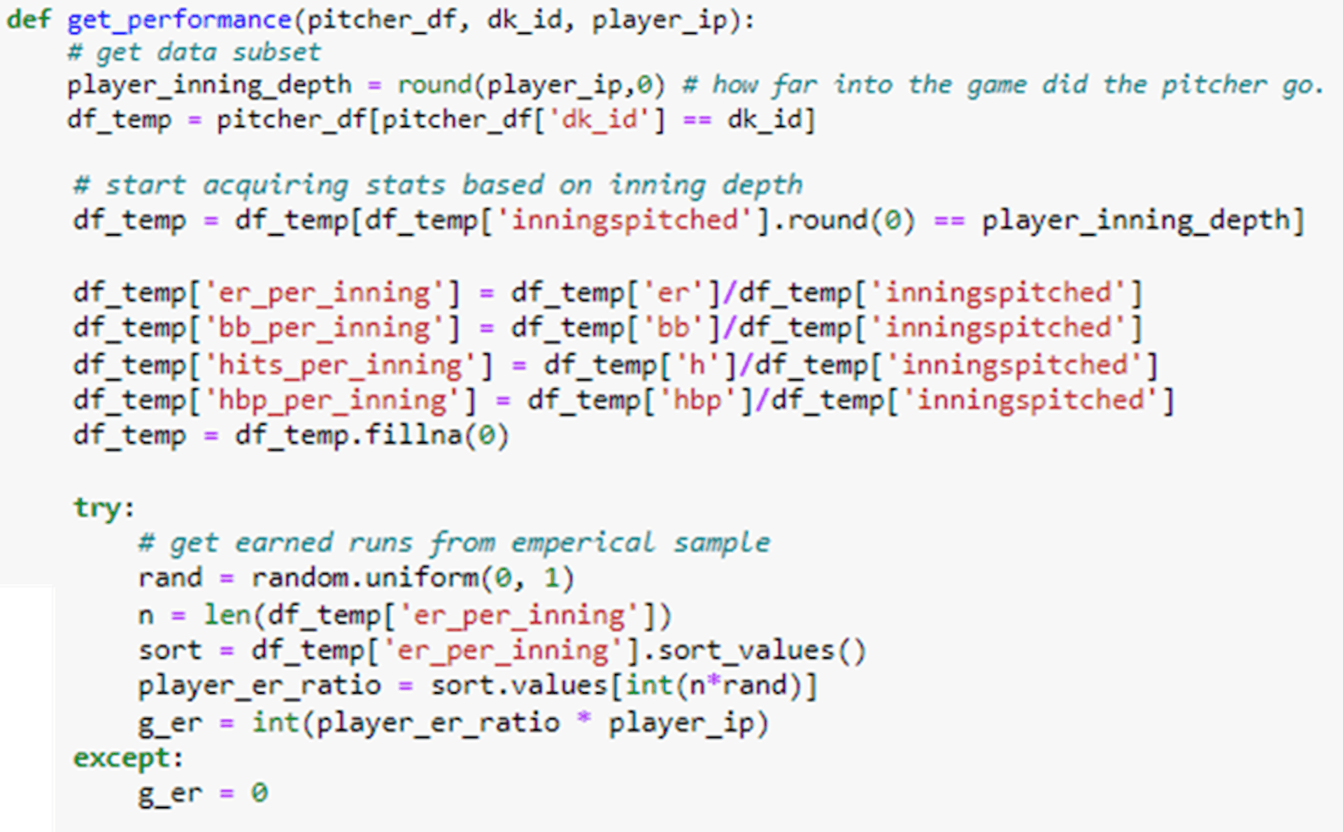 Imagen del autor: código de Python para devolver carreras ganadas en función de las entradas lanzadas.
