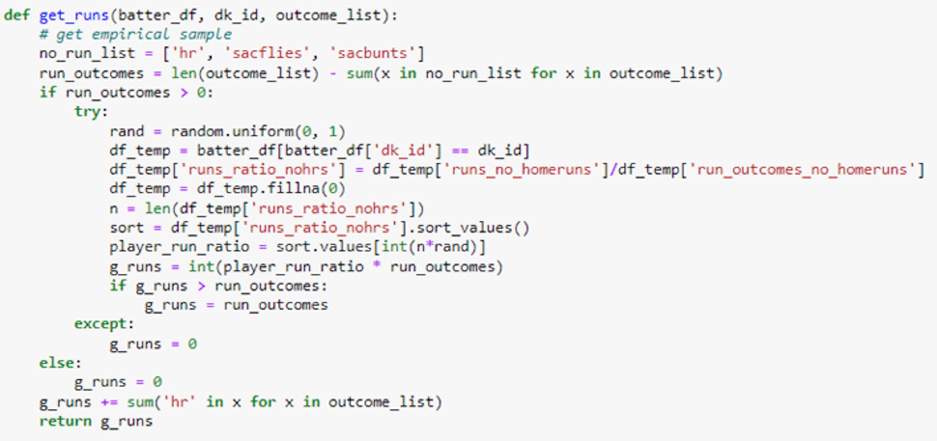 Imagen del autor: código de Python para devolver las carreras anotadas por el jugador.