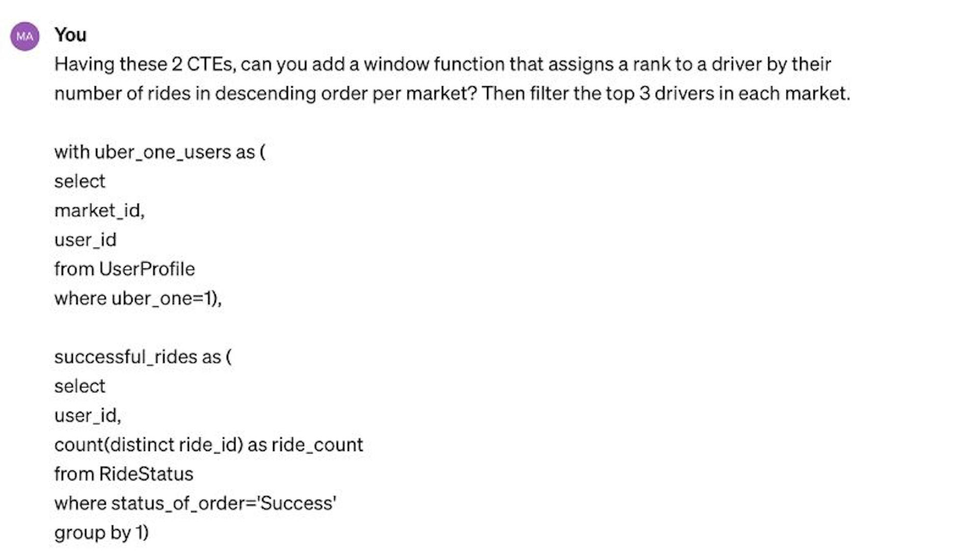 The ChatGPT prompt example for window functions in SQL