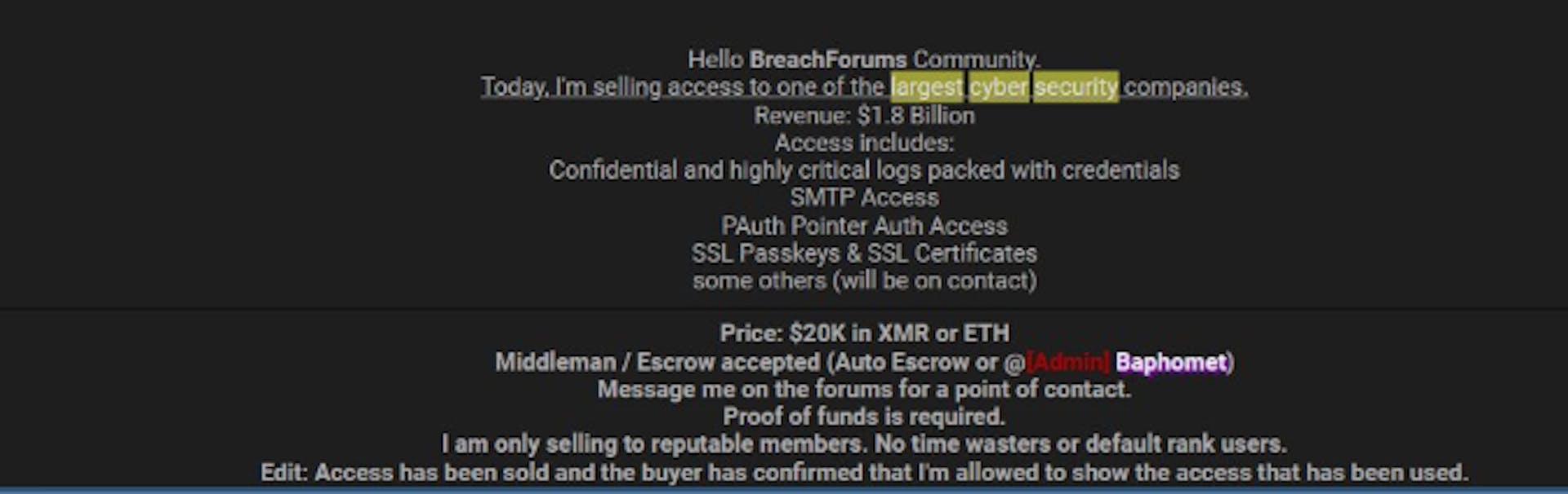 Data breach sale to only reputable members. 