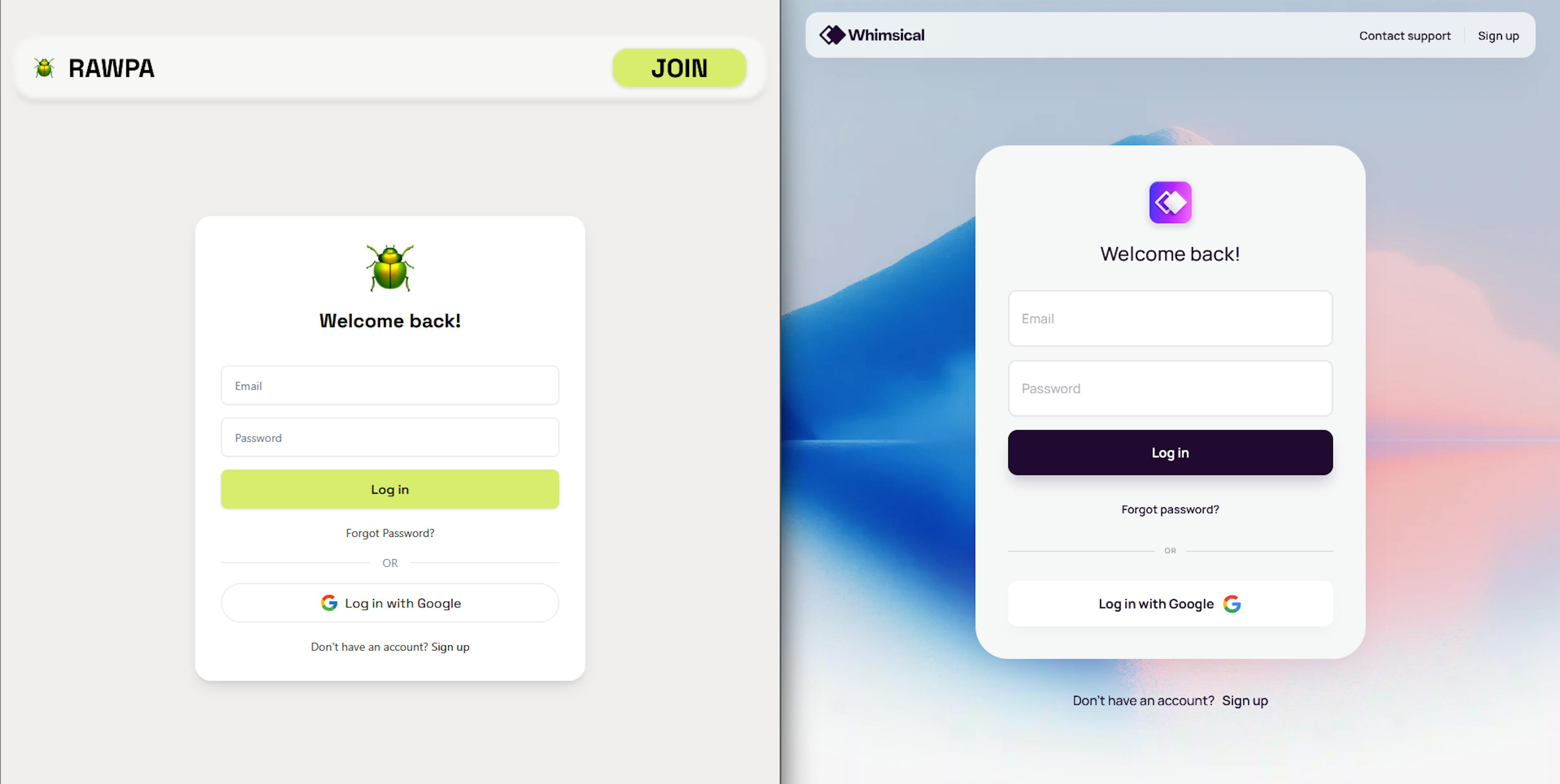 RAWPA login vs Whimsical login