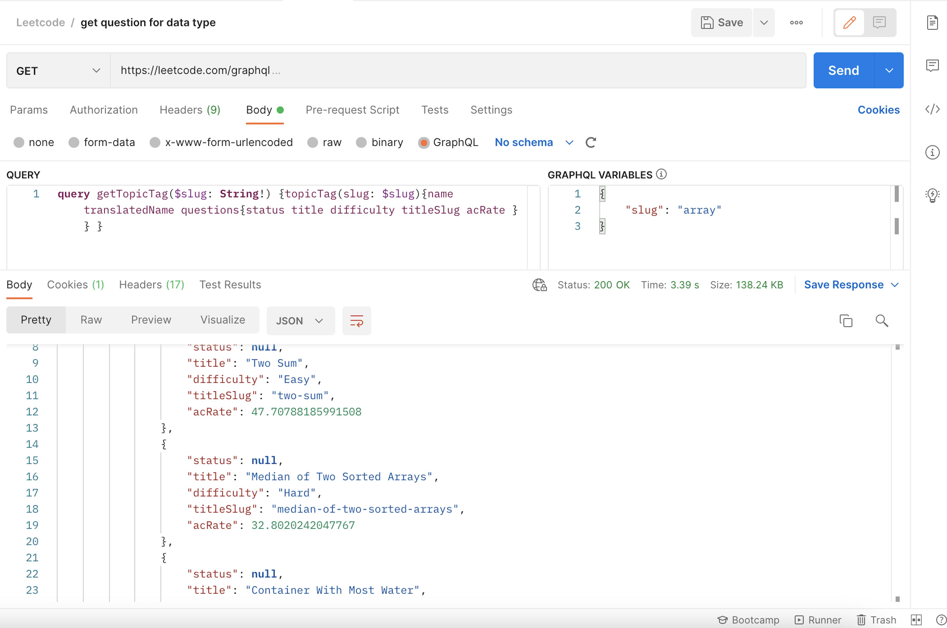 LeetCode endpoint on postman to get all the questions for a topic(e.g Array)