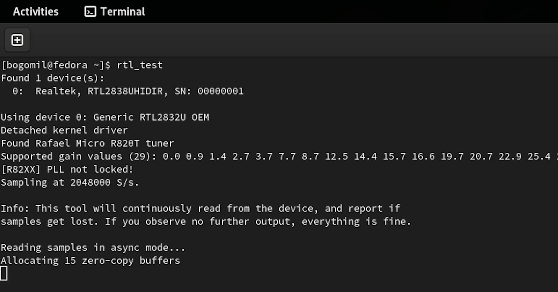 A screen from Fedora Linux console showing the results of the previous command listing the device and its properties.