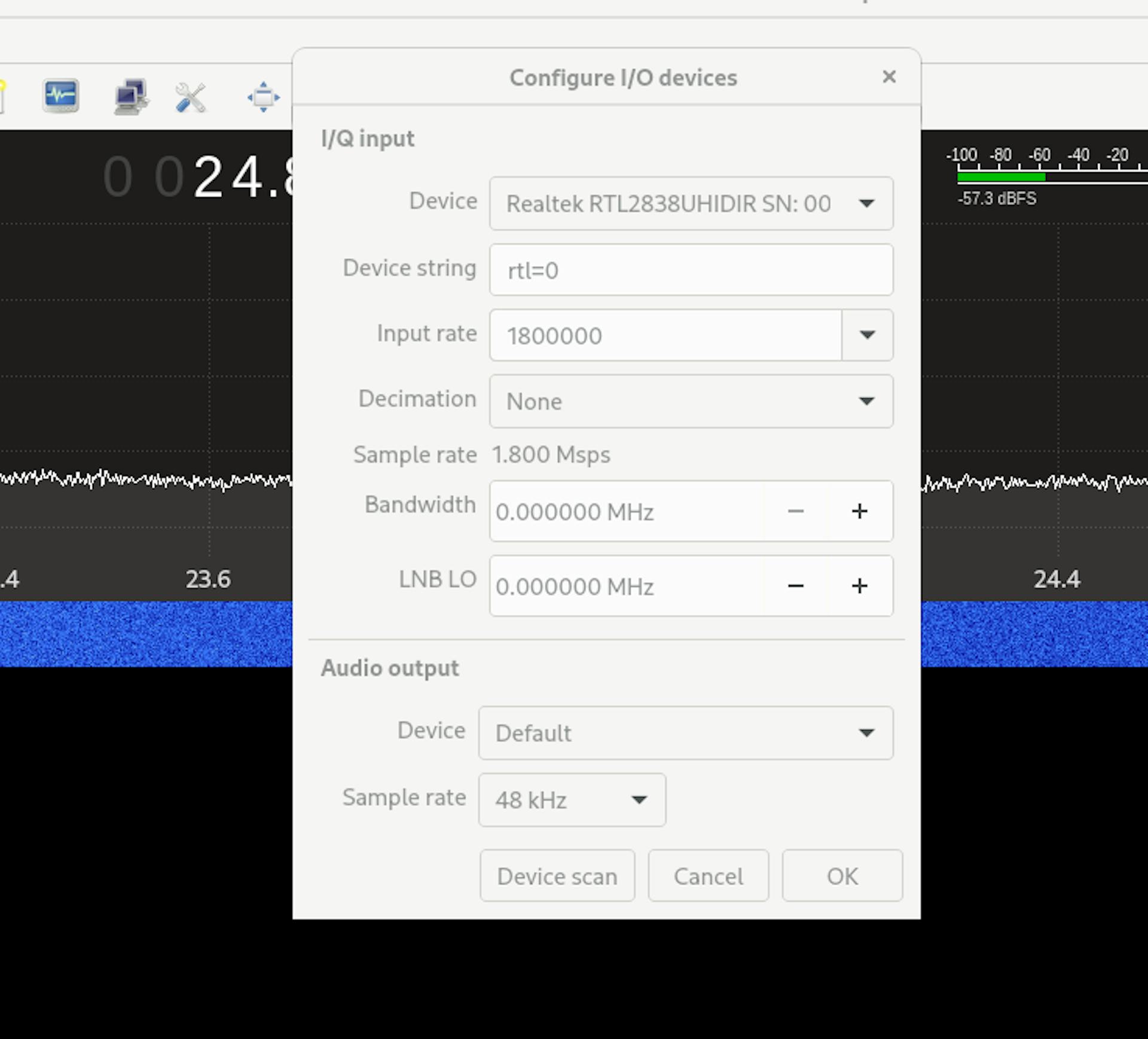 A screen showing the settings panel of the software Gqrx, for the device we use.