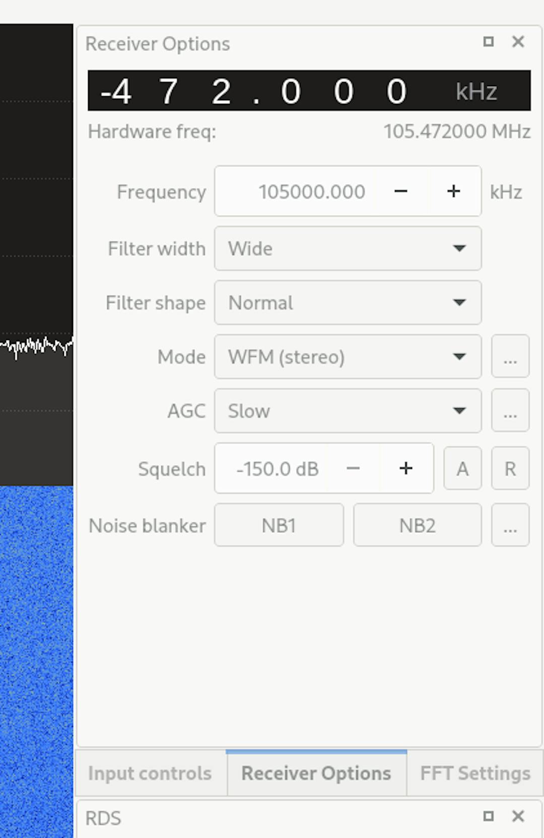 A screen from the gqrx software helping us to se the frequency to our favorite FM station.