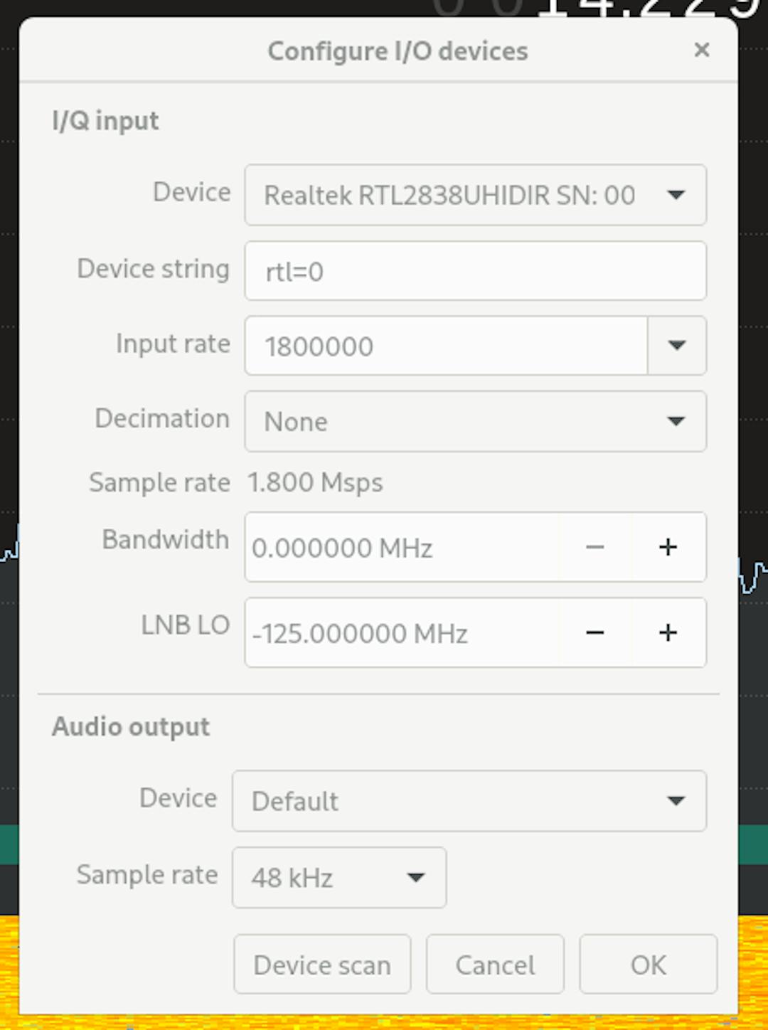 A screen from gqrx showing how to set up the SDR with the up Converter. You need to add the value of -125Mhz to the LNB LO Field.