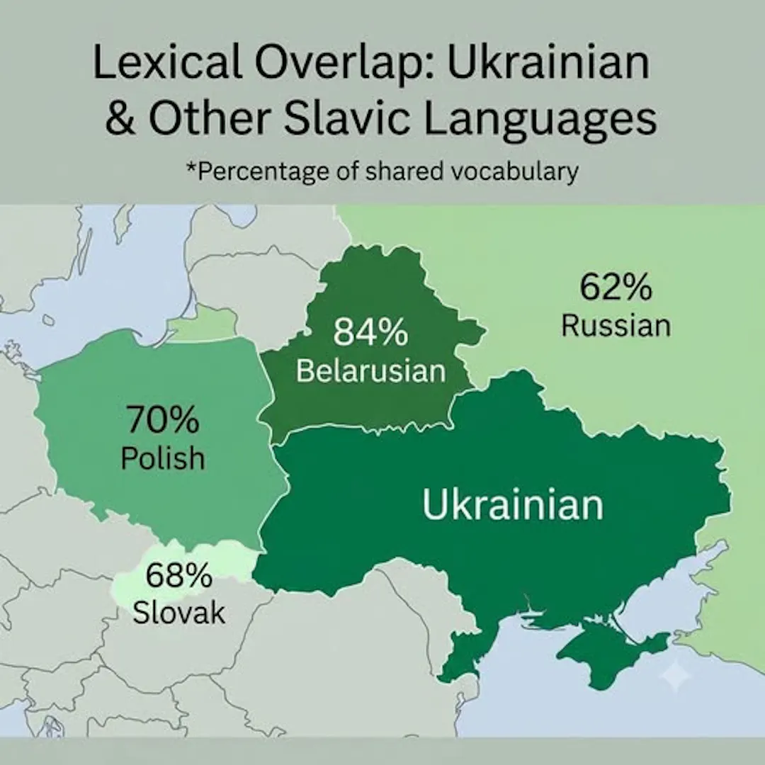 May be an image of ‎map and ‎text that says '‎Lexical Overlap: Ukrainian & Other Slavic Languages *Percentage of shared vocabulary 84% Belarusian 62% Russian 70% Polish م Ukrainian 68% Slovak‎'‎‎