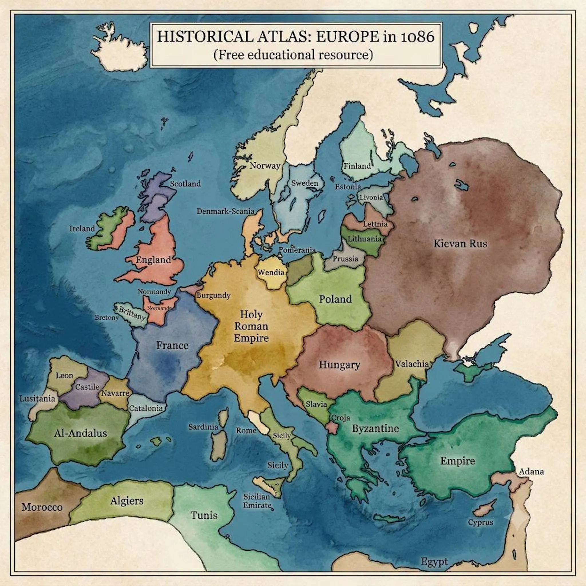 May be an image of map and text that says 'HISTORICALATLAS ATLAS: EUROPE in 1086 (FreeeducationalTesouree) (Free educational resource) Norway Scotland Finland Sweden Denmark-Scania/ Ireland ジ England Lettnia Lithuania Wendia Prussia Kievan Rus Normandy Bretang Brittany Kiminrya Burgundy Poland Holy Roman Empire France Lusitania Lean Castile Navarre Catalonia Hungary Valachiay Al-Andalus Sardinia Kome Slavia Croja Byzantine Sicih Morocco Sicily Algiers Empire Emirate Tunis Adana Cypris Egypt'