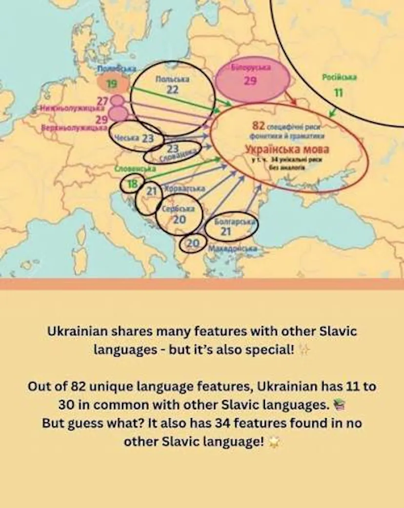 In terms of vocabulary, Ukrainian is closest to Belarusian: they share 84% of words. With Polish it's 70%, with Serbian  68%, and with Russian… just 62%