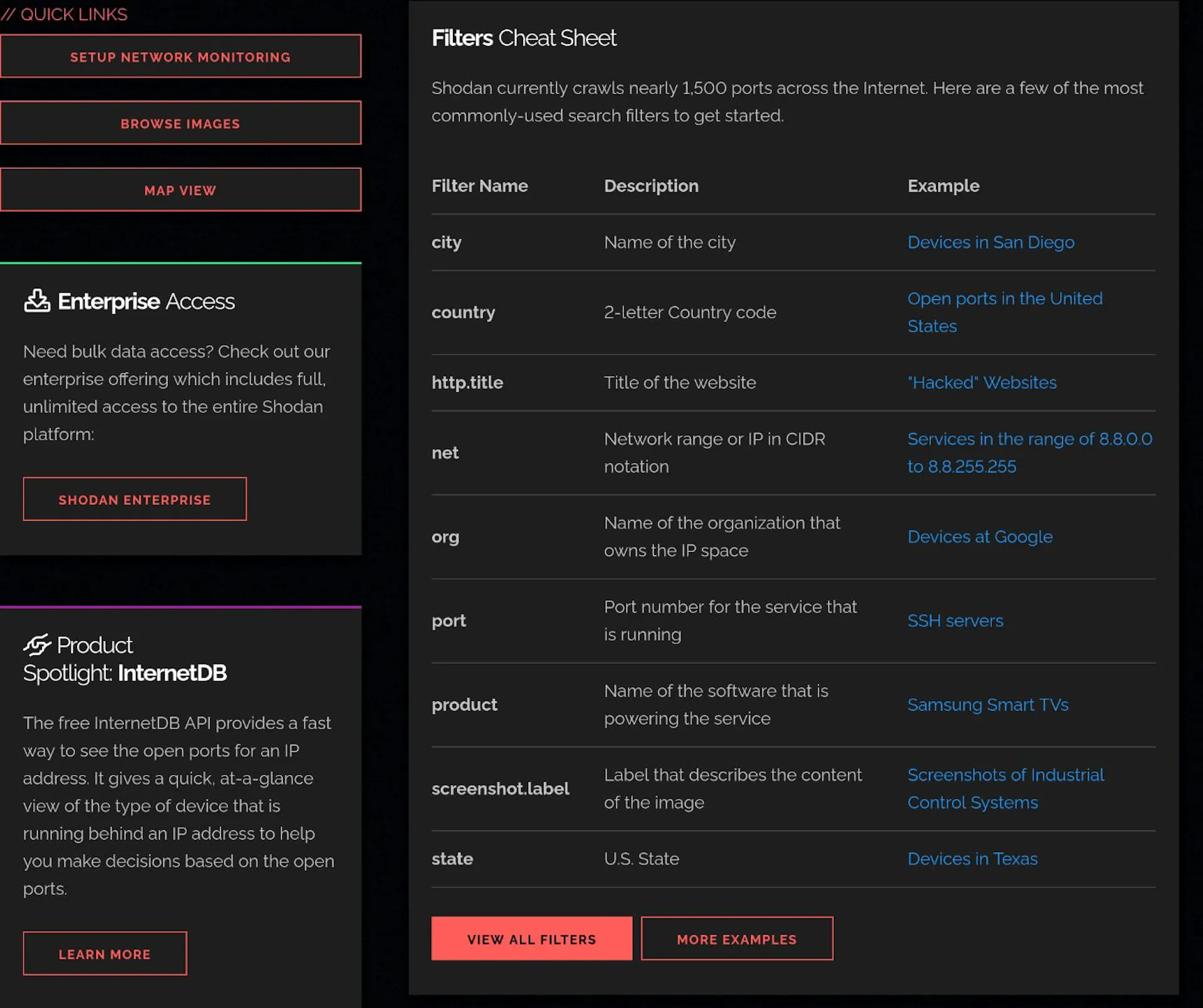 Filters for days - Shodan Web portal showing search tags.