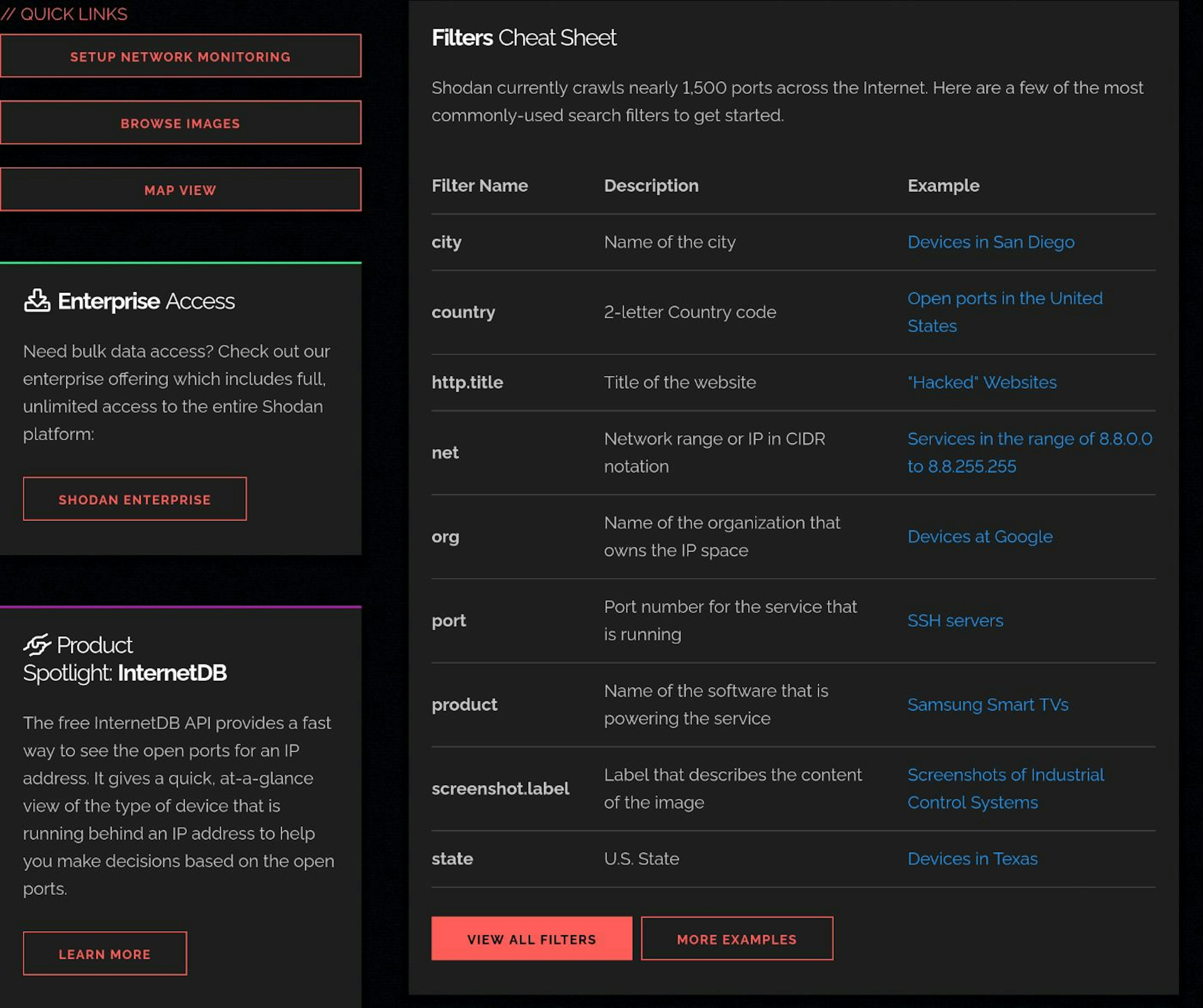 Günler için filtreler - Arama etiketlerini gösteren Shodan Web portalı.