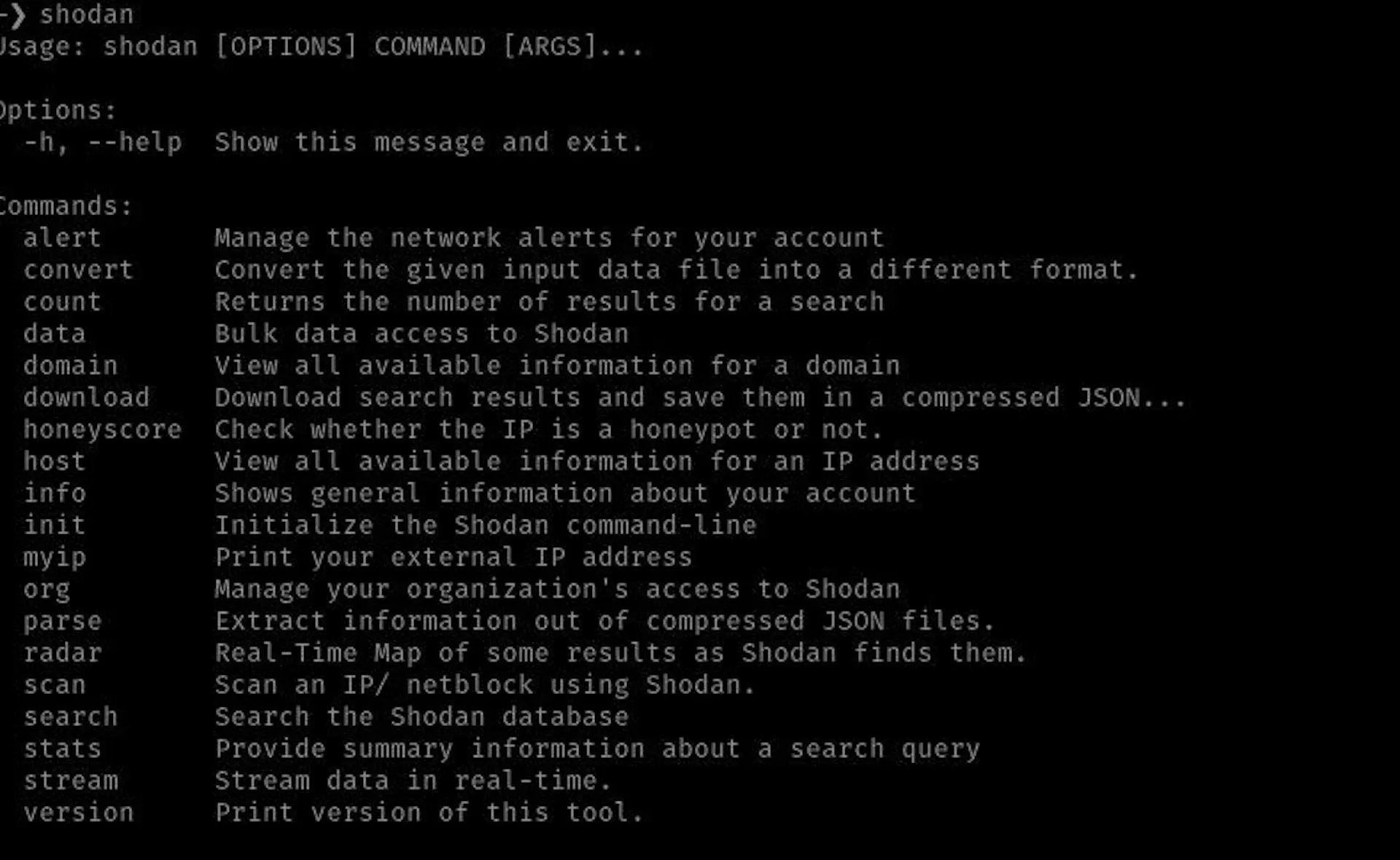 Screencap of the CLI interface for Shodan
