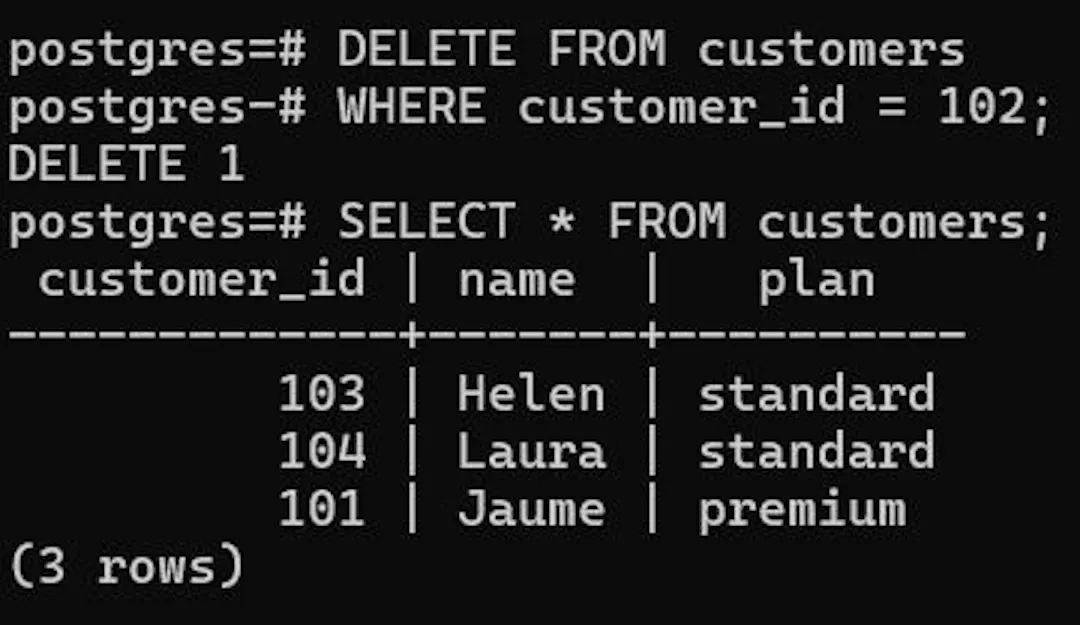 PostgreSQL confirms that customer 102 has been removed from the source table