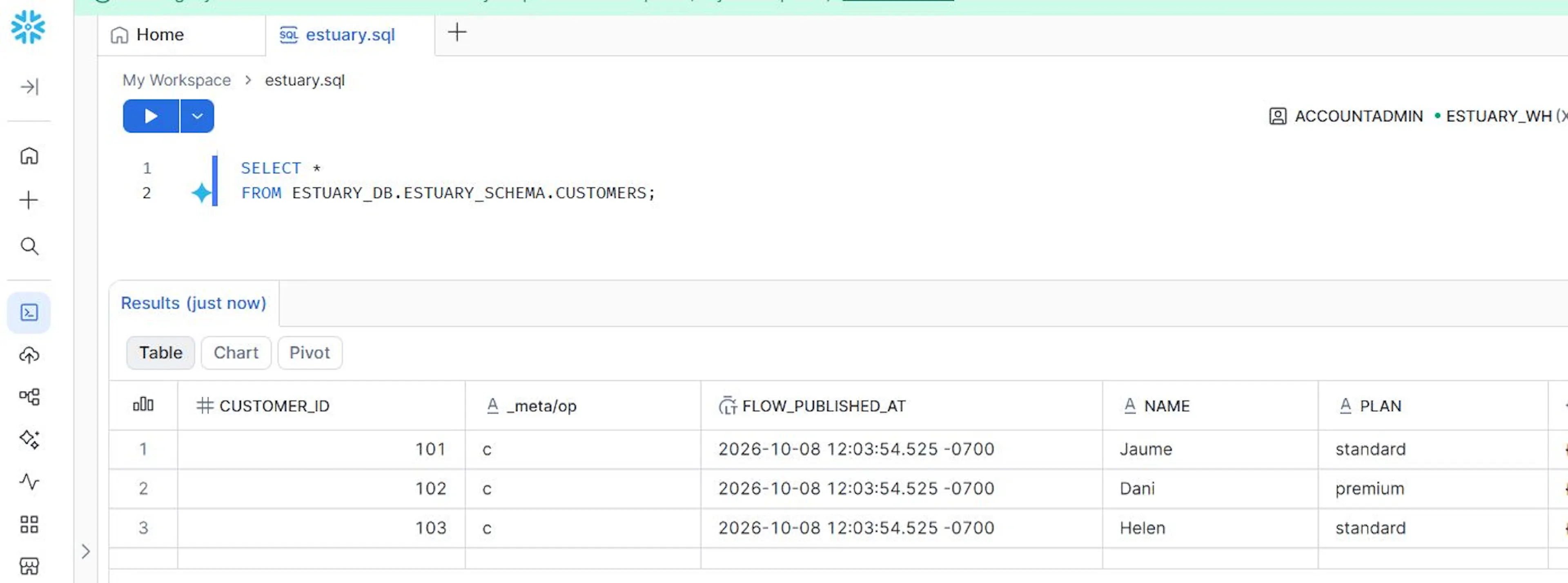 The three original PostgreSQL customer records successfully replicated into Snowflake
