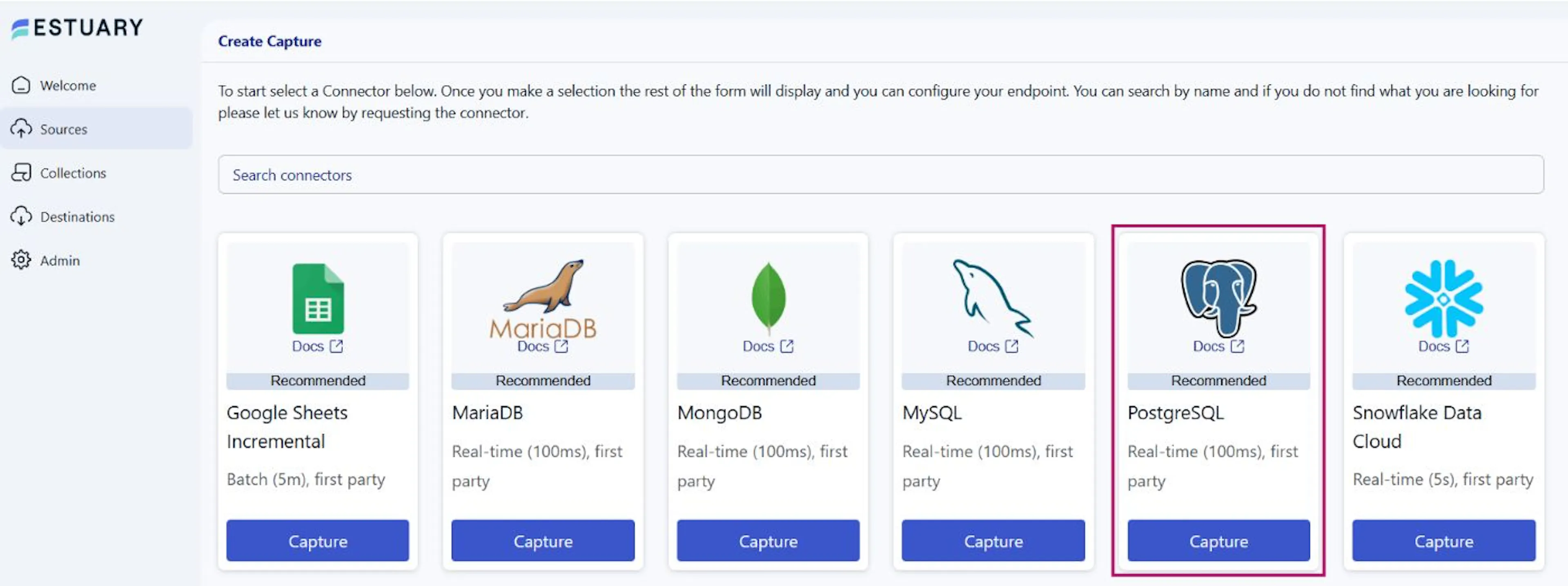 Selecting the PostgreSQL capture connector
