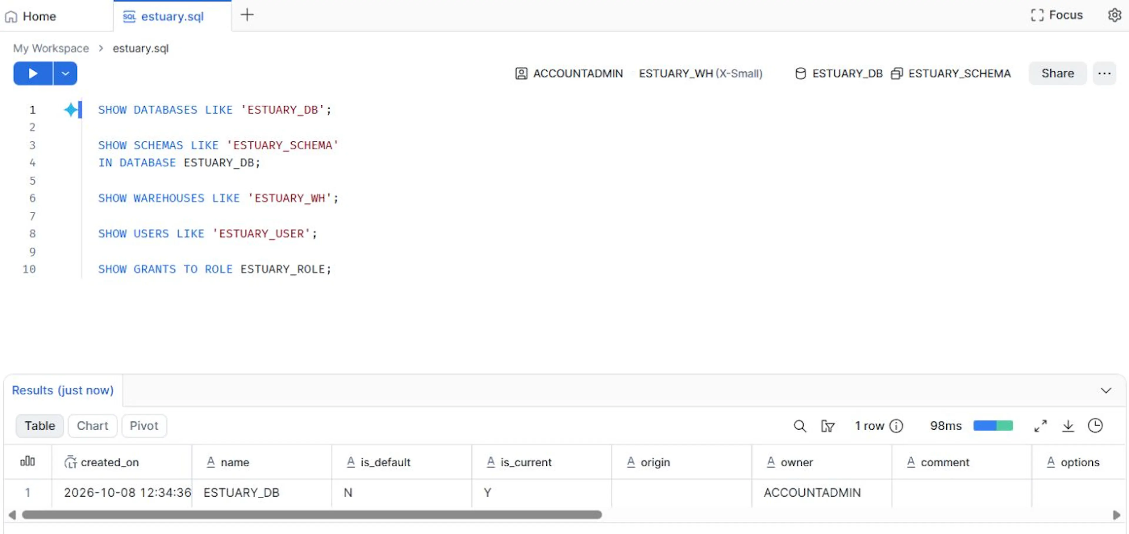 Verifying that the ESTUARY_DB database was successfully created in Snowflake