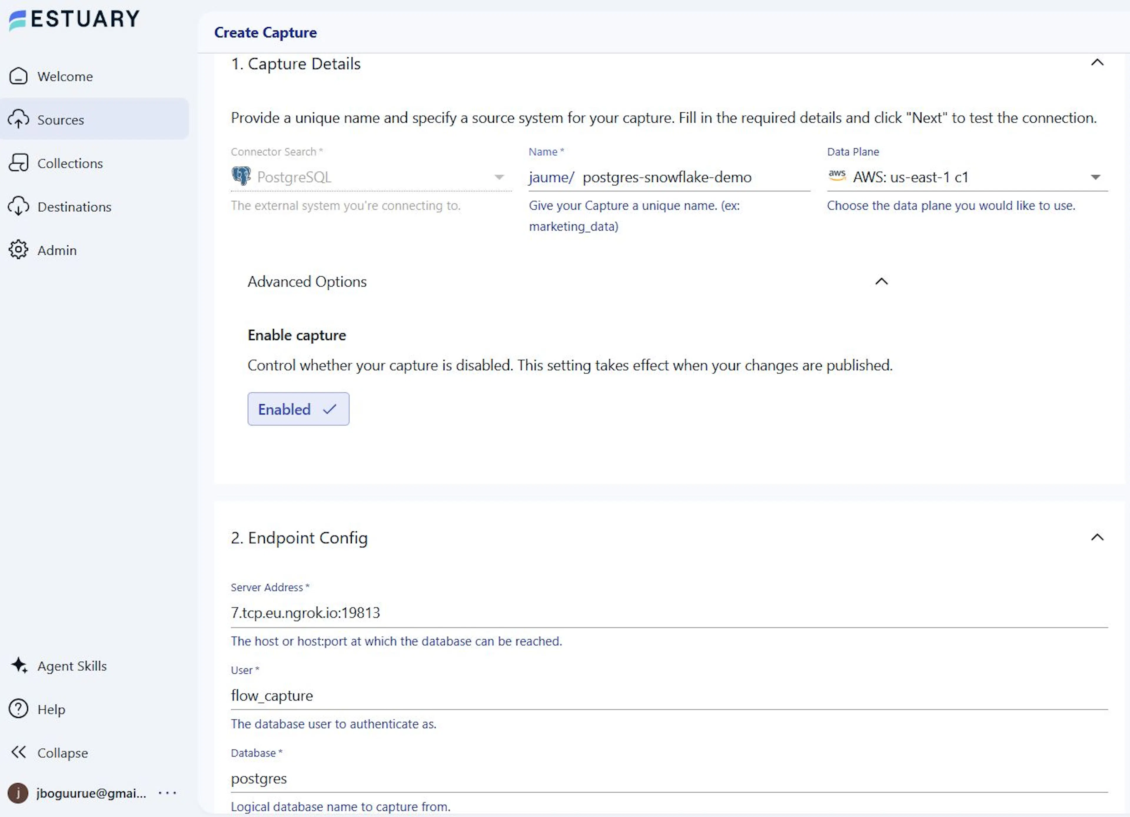 Setting up PostgreSQL capture through Estuary using the database connection details