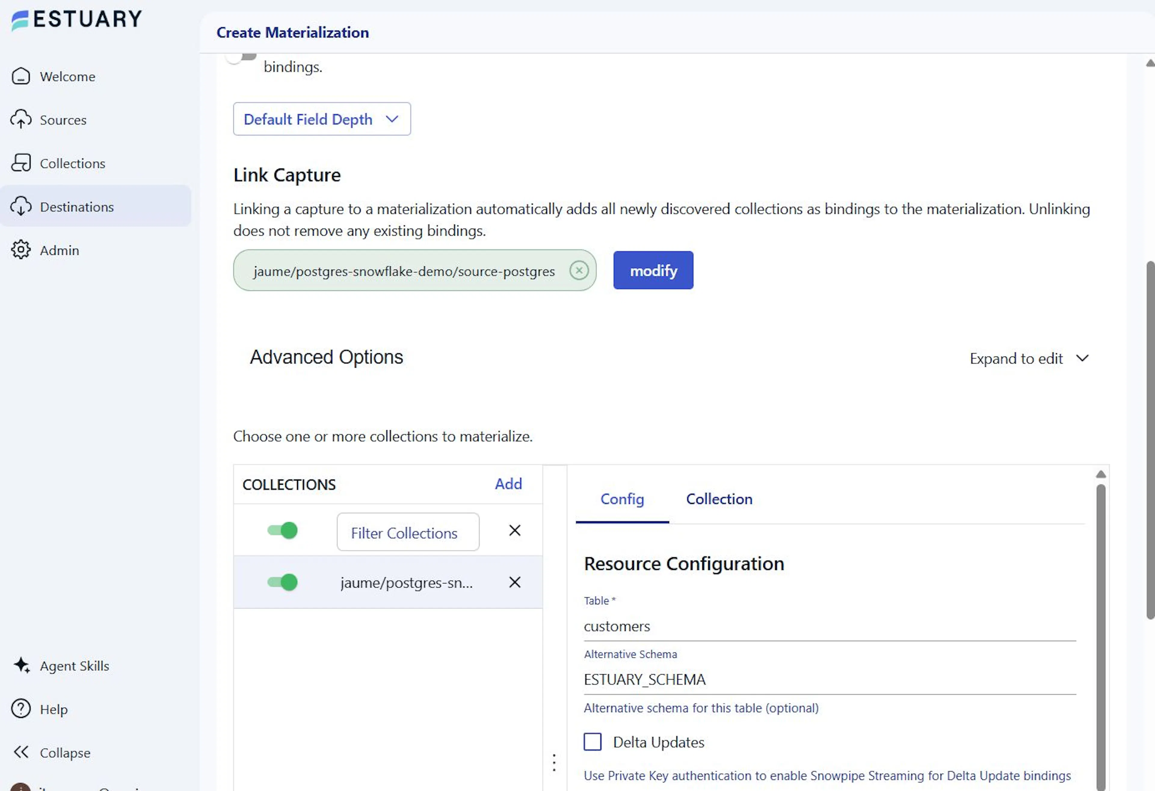 Linking the PostgreSQL capture to the Snowflake materialization and mapping the customers collection to its destination table
