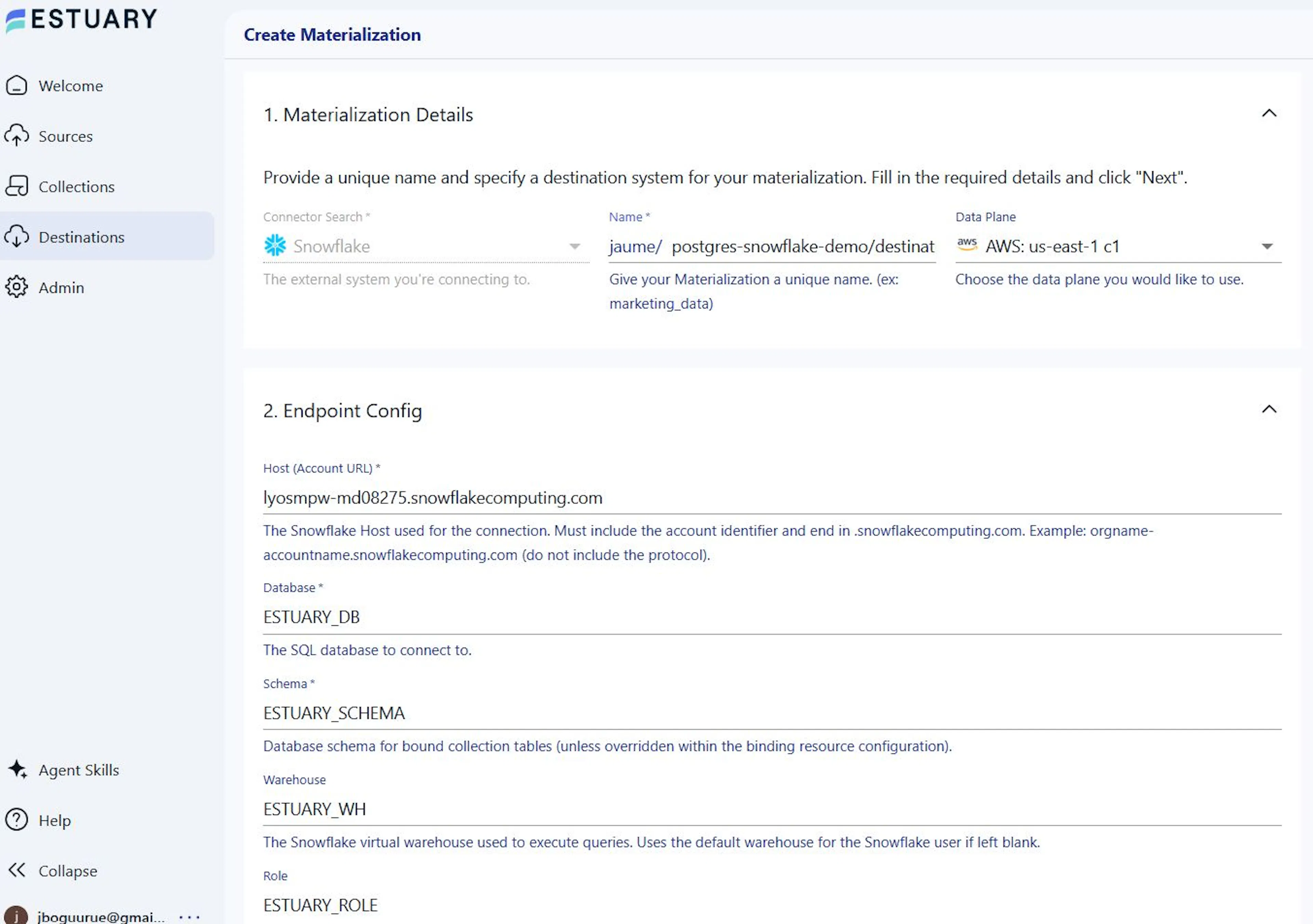 Configuring the Snowflake destination with its account host, database, schema, warehouse, and dedicated role