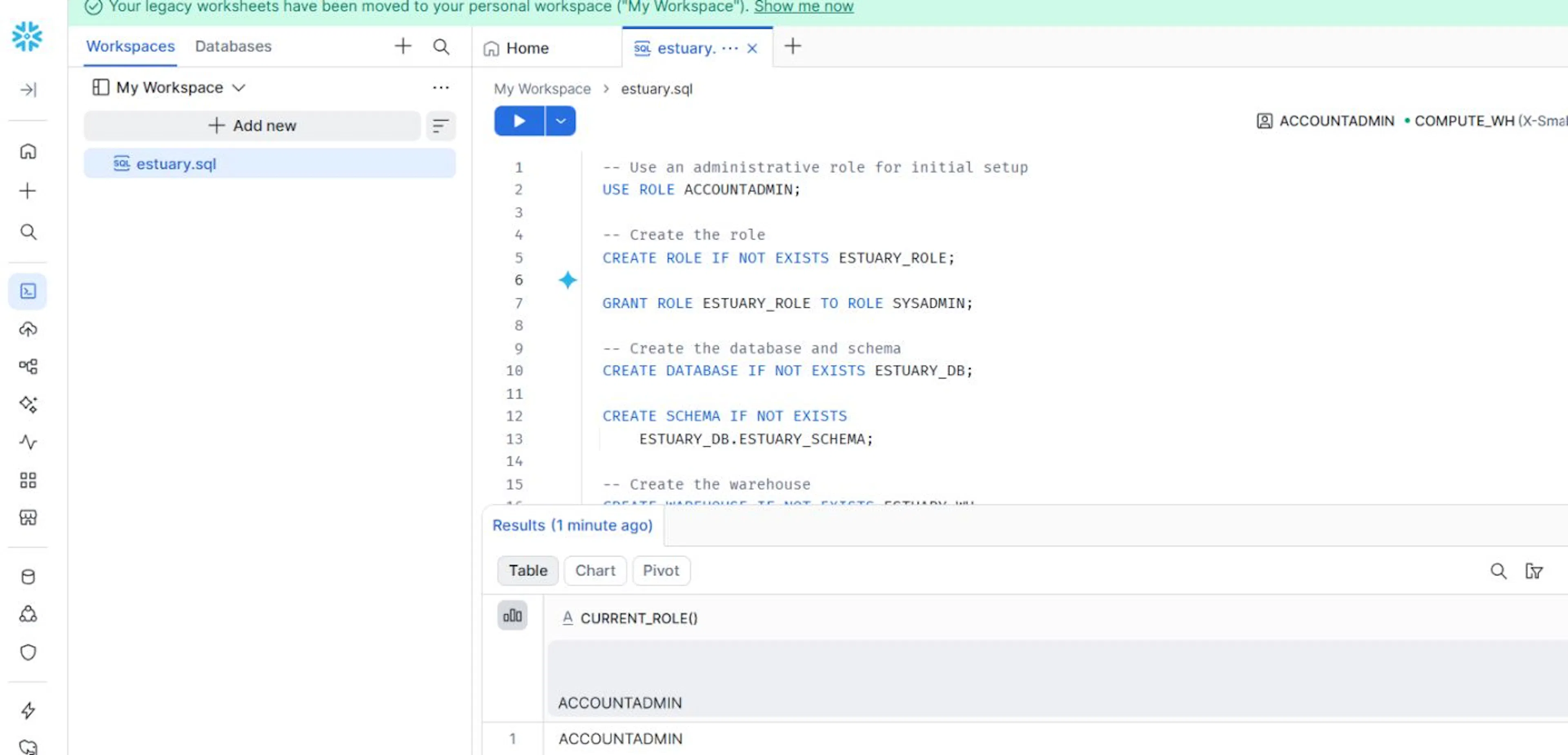 Creating the Snowflake resources for Estuary using a SQL worksheet with the ACCOUNTADMIN role