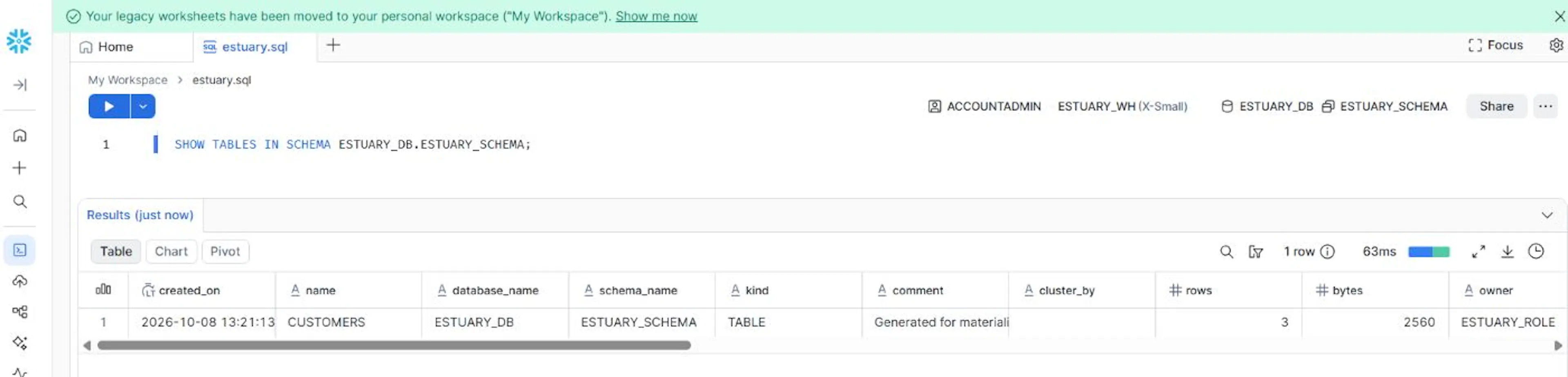 The CUSTOMERS table automatically created in Snowflake by the Estuary materialization