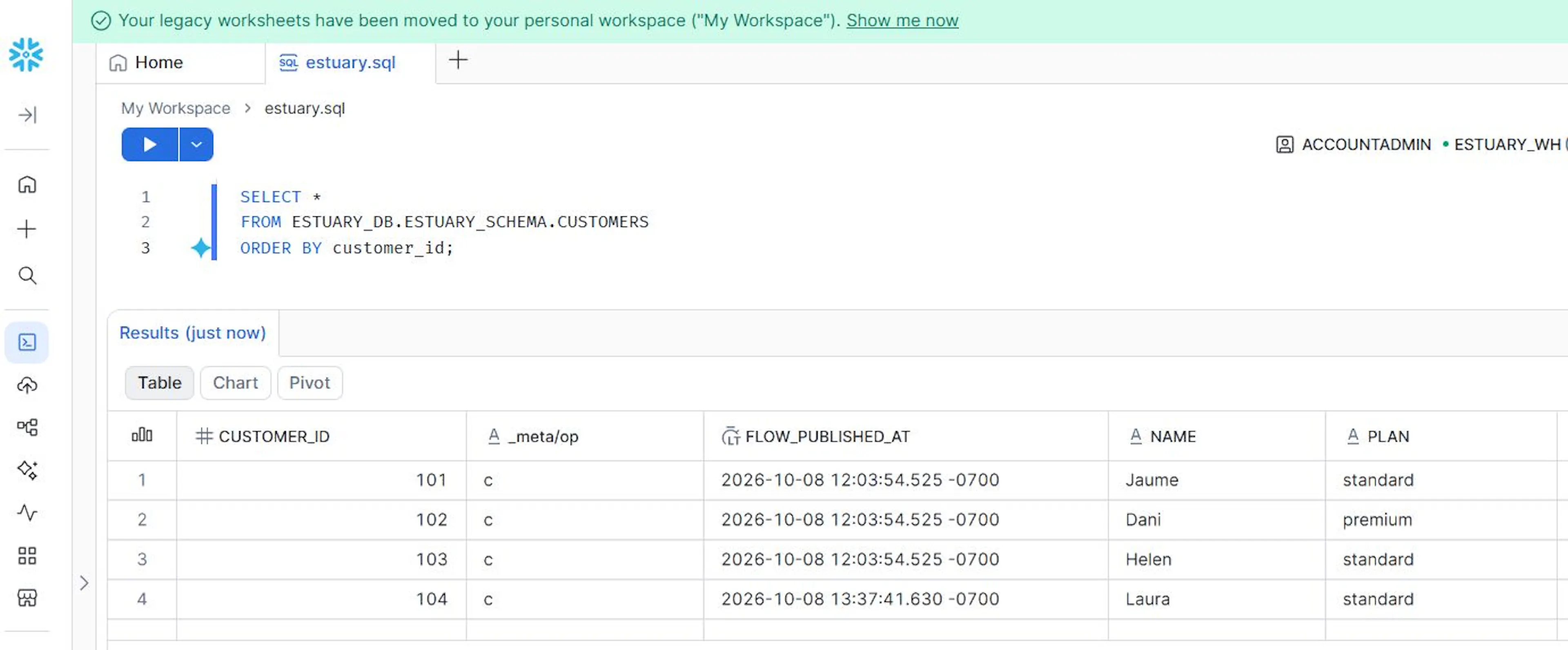 Snowflake automatically gets the new customer record once it is loaded into PostgreSQL