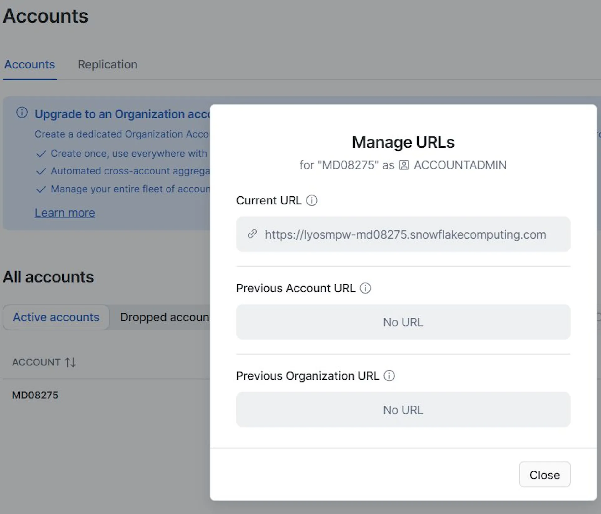 Locating the Snowflake account URL required to configure the Estuary materialization