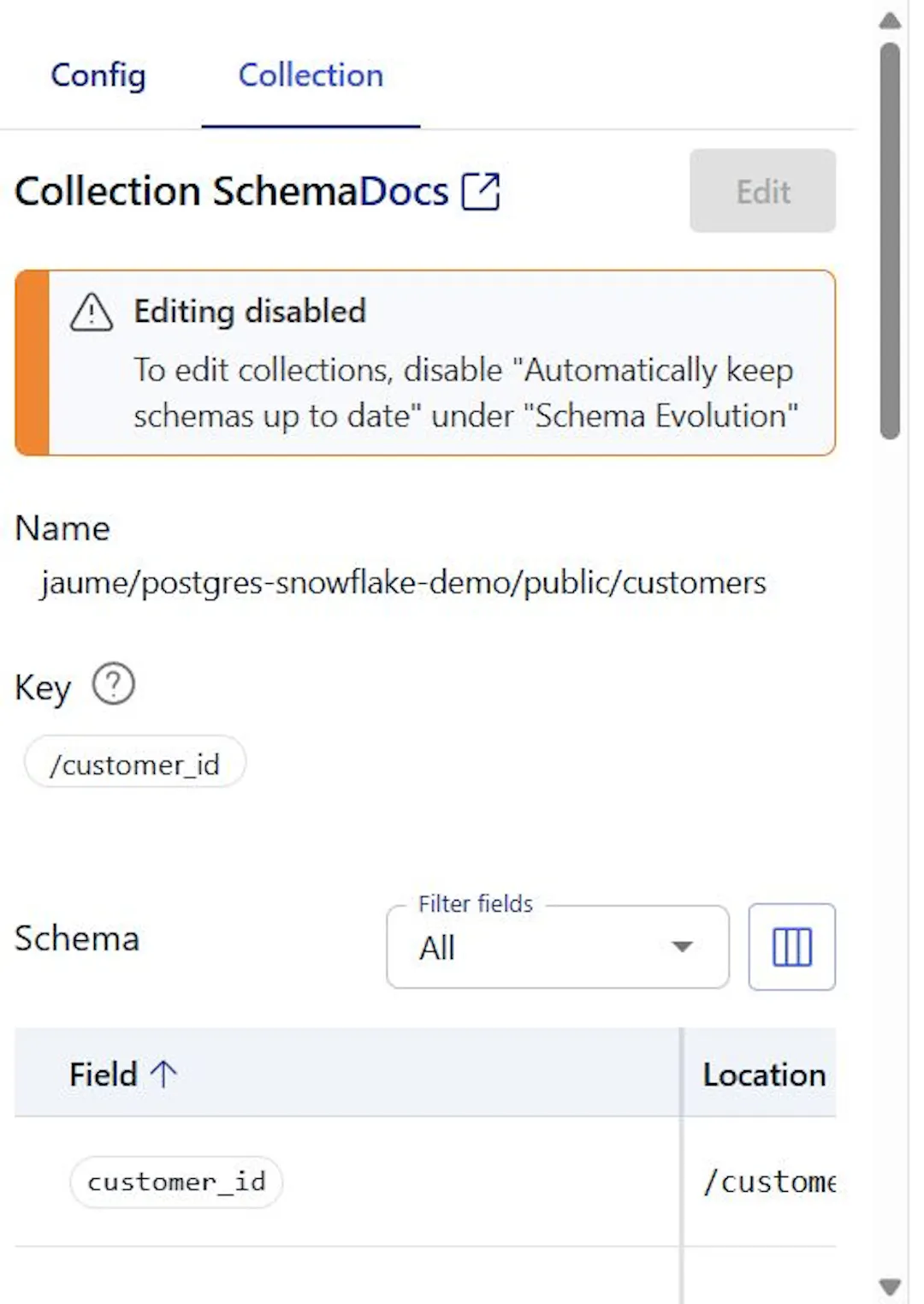 PostgreSQL customers collection with its automatically inferred schema and customer_id key