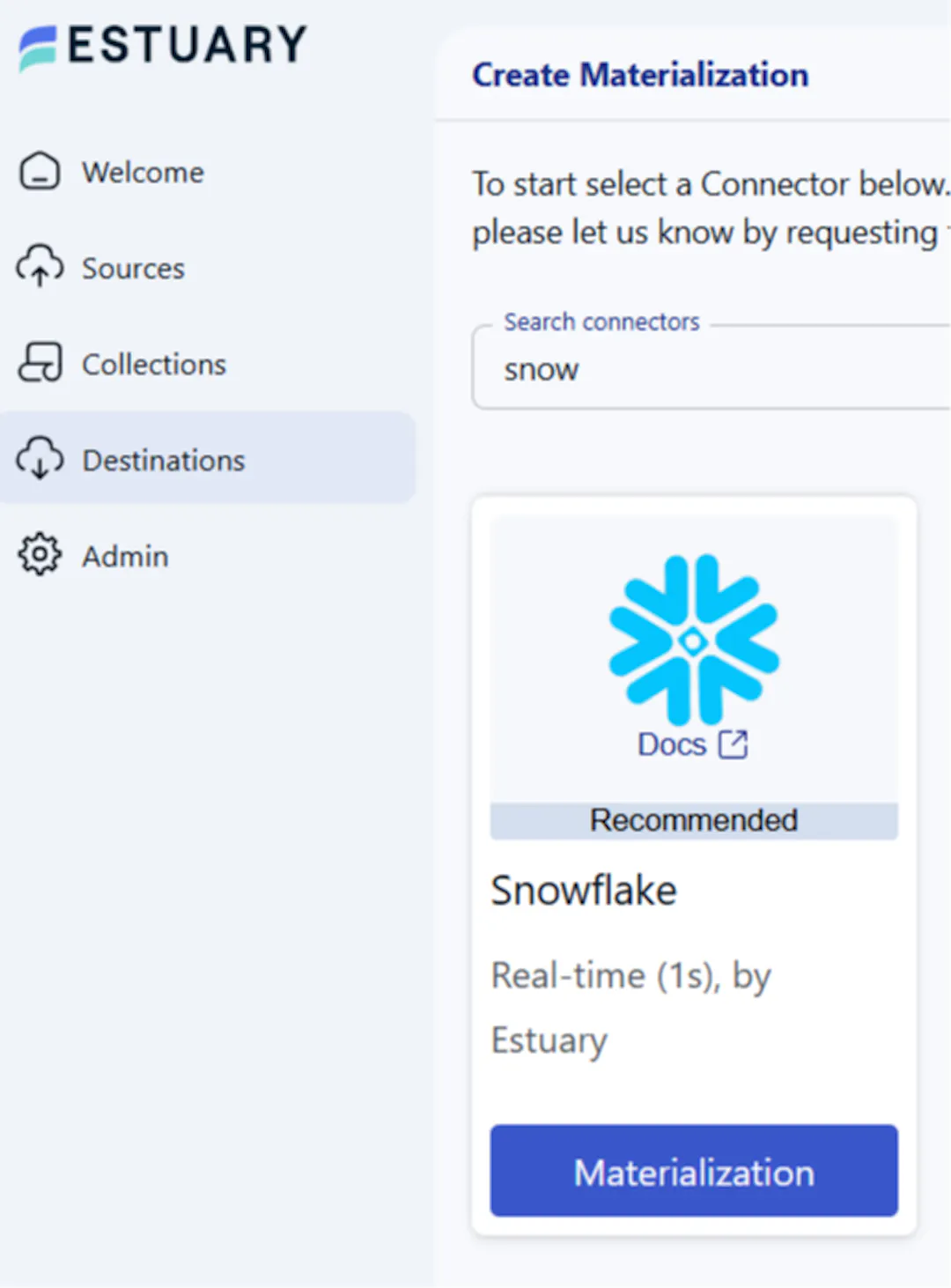 Selecting the Snowflake materialization connector in Estuary