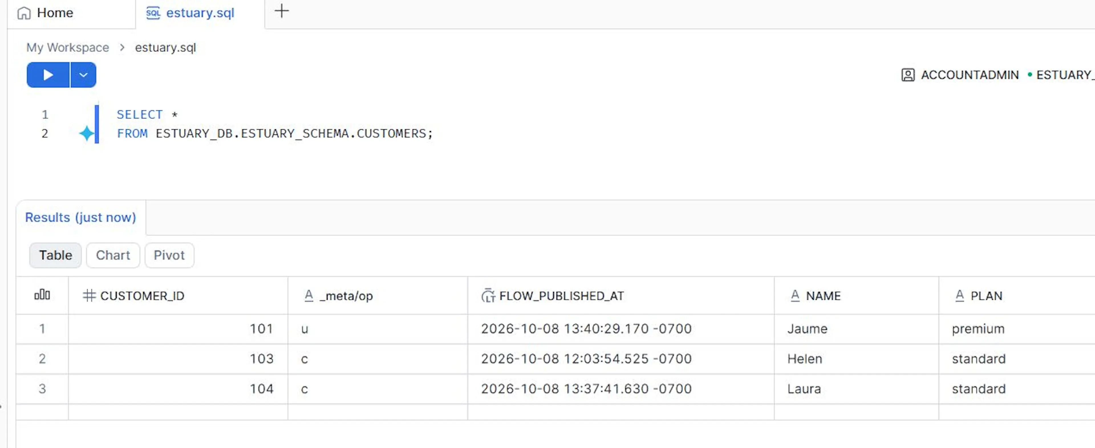 Final Snowflake table after processing the insert, update, and delete operations from PostgreSQL.