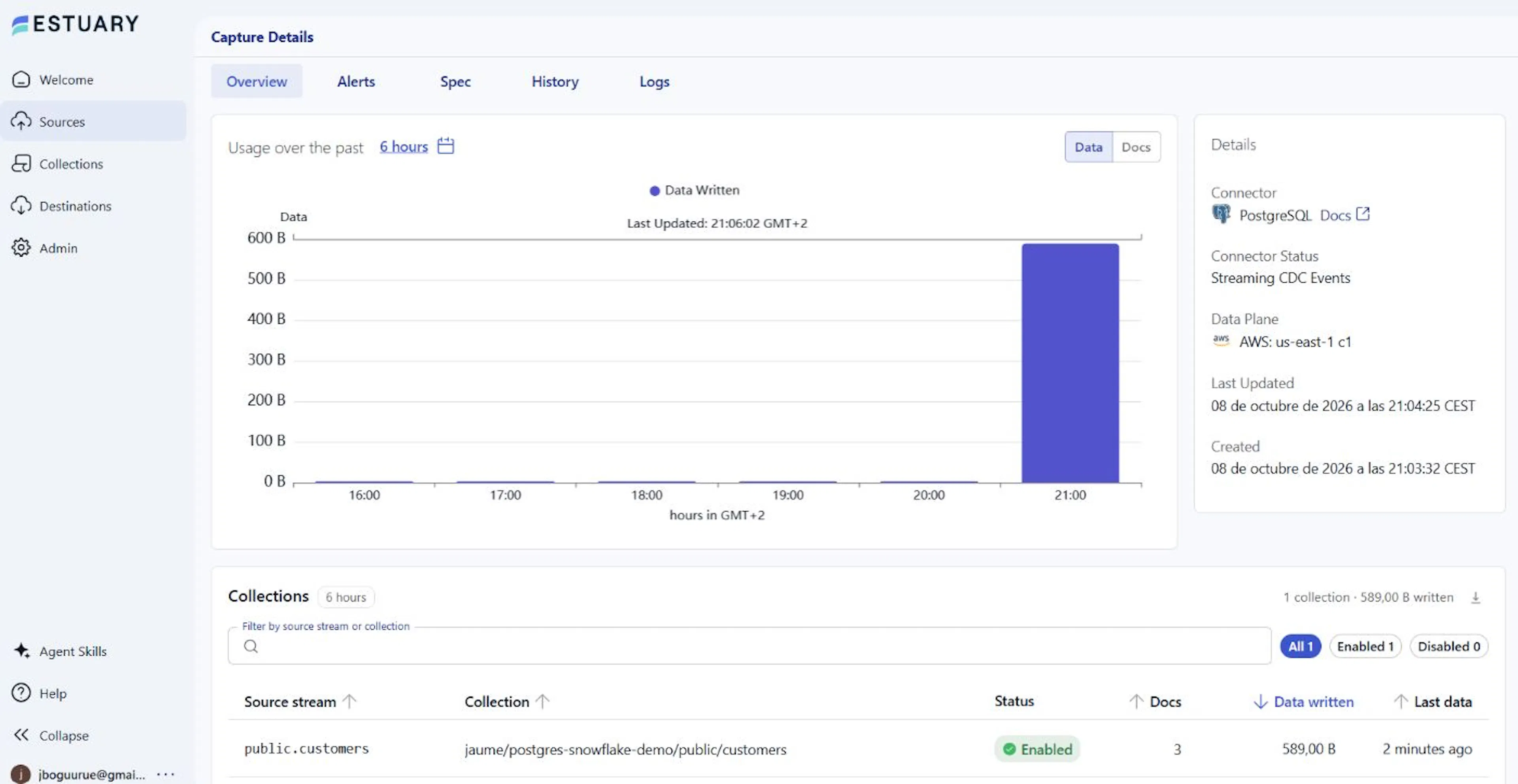 PostgreSQL capture successfully backfilled three customer records and transitioned to streaming CDC events