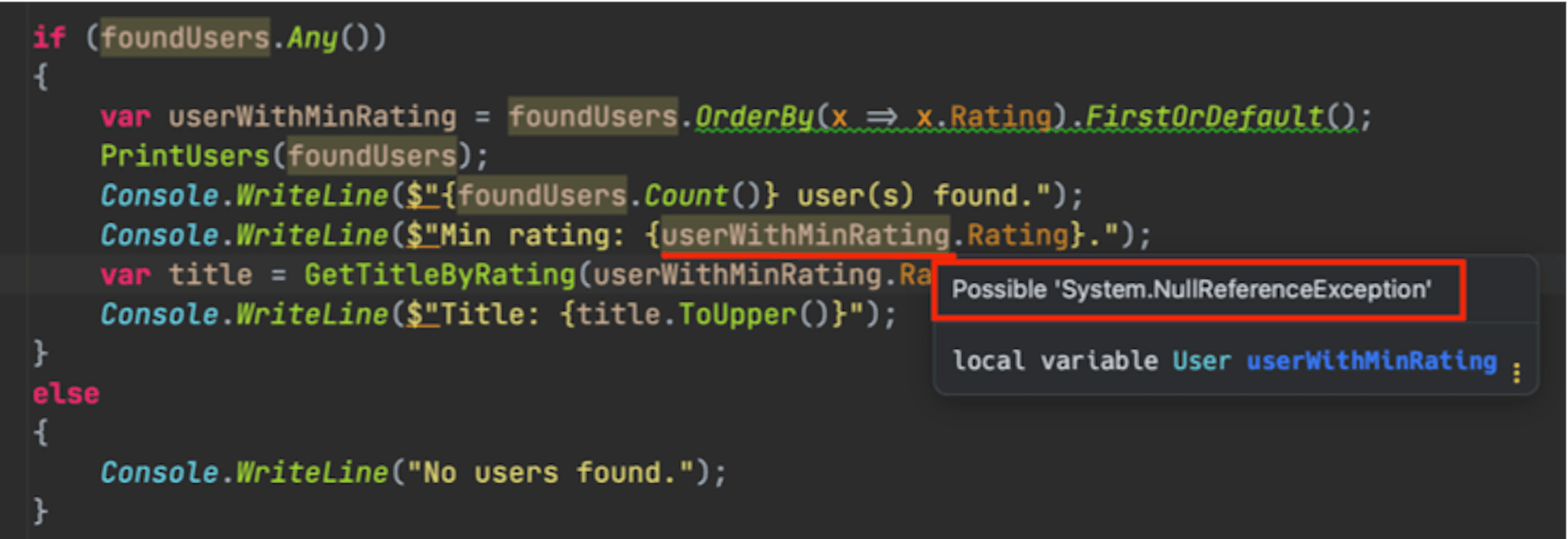 Rider: Possible System.NullReferenceException