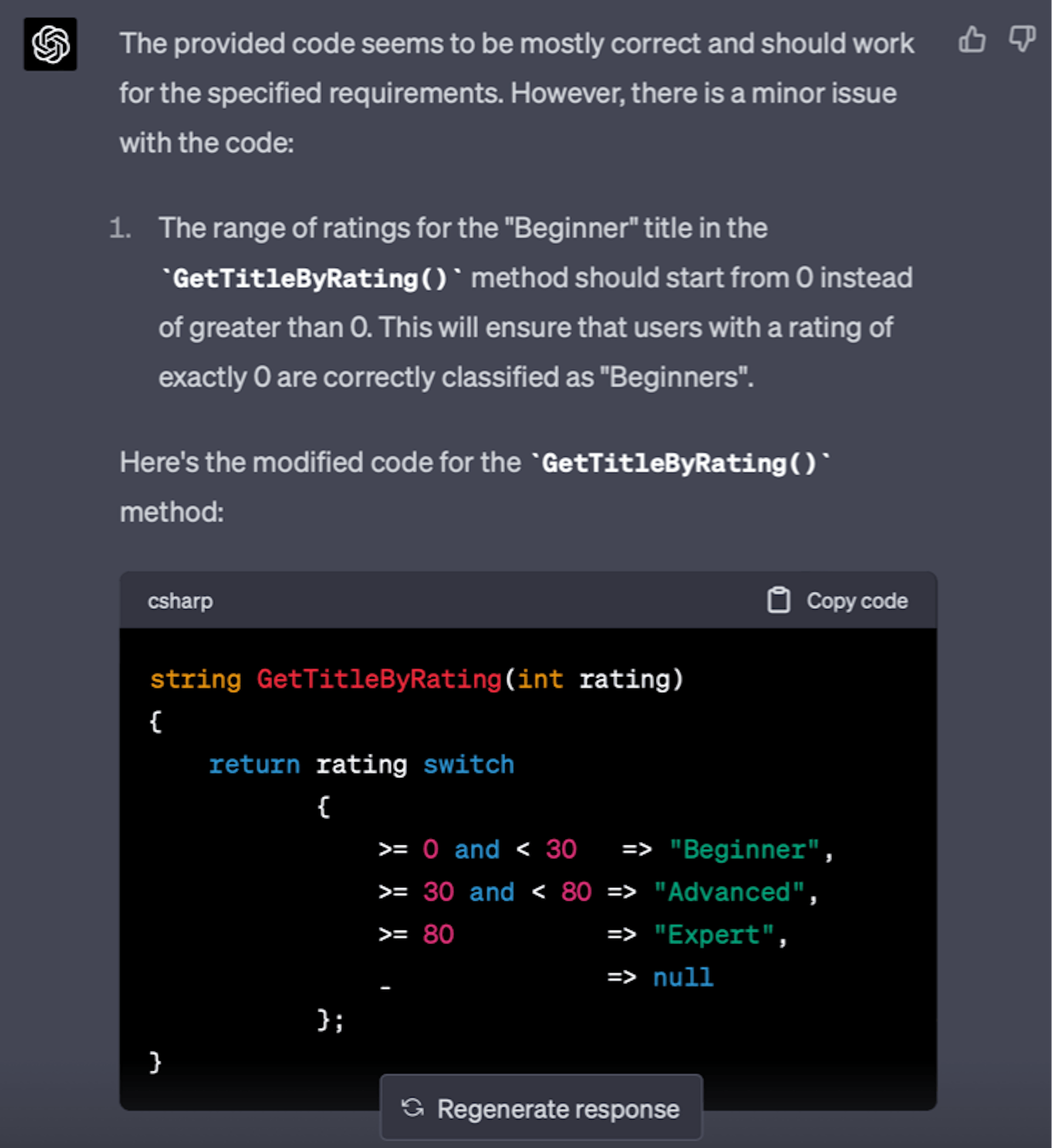 ChatGPT-4 fixes a bug in the C# program