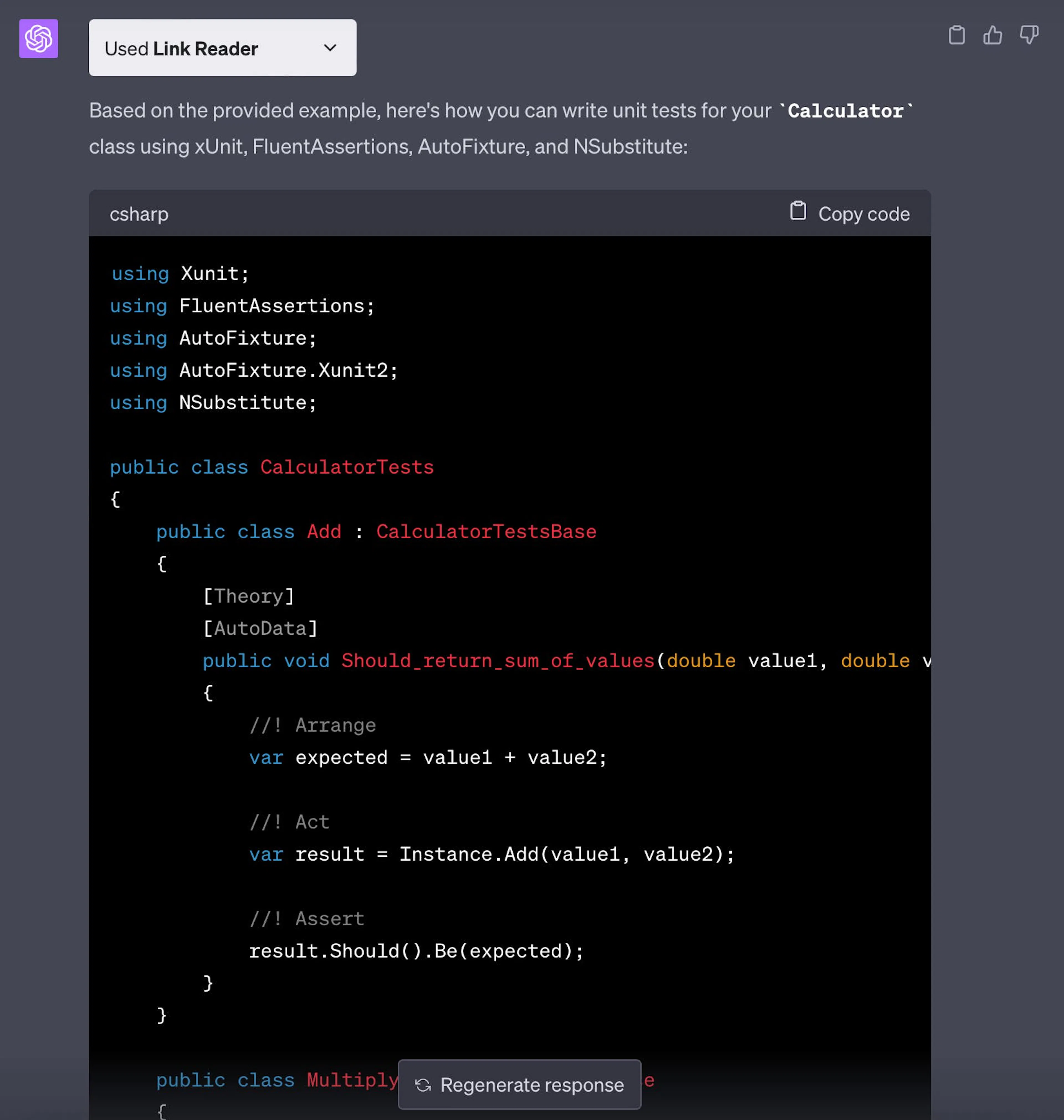 Unit tests generated by ChatGPT using GitHub Gist.