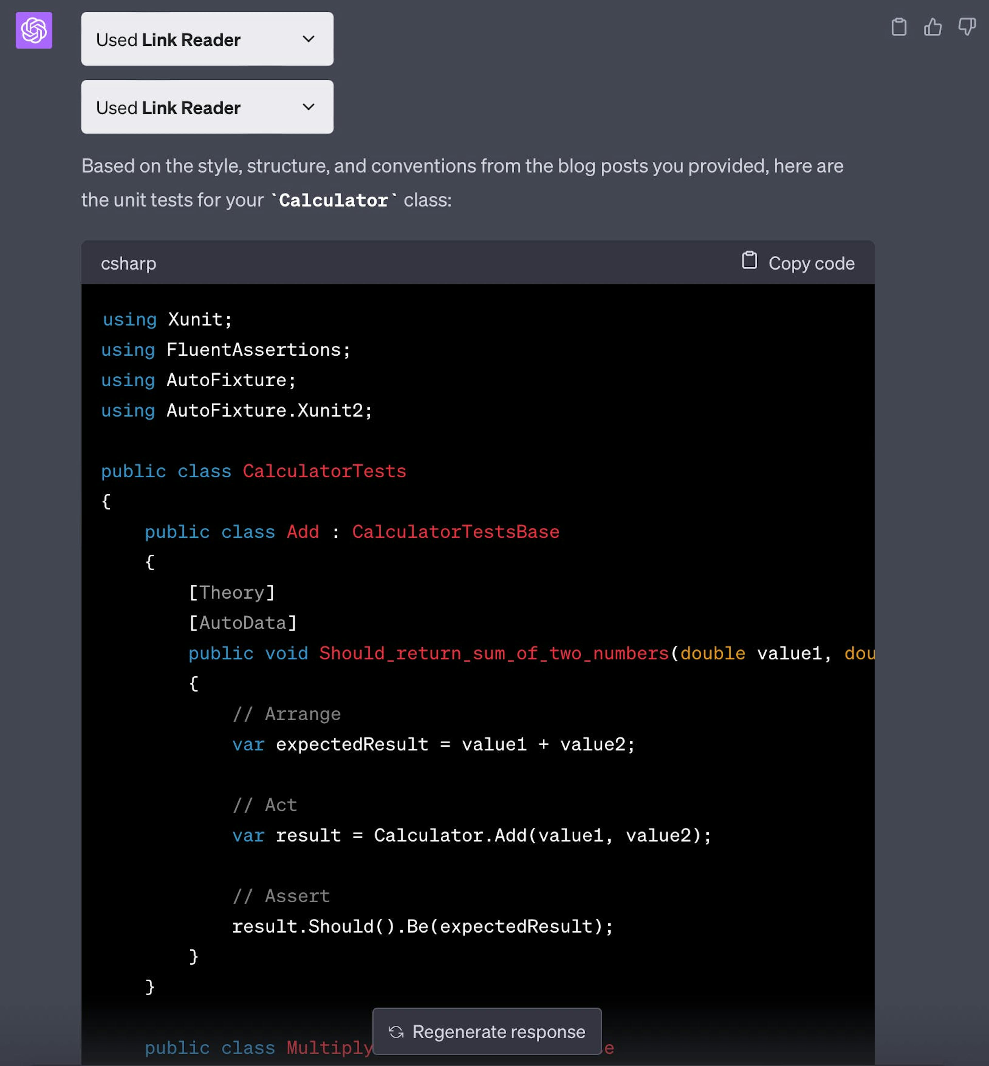 Unit tests generated by ChatGPT using articles.