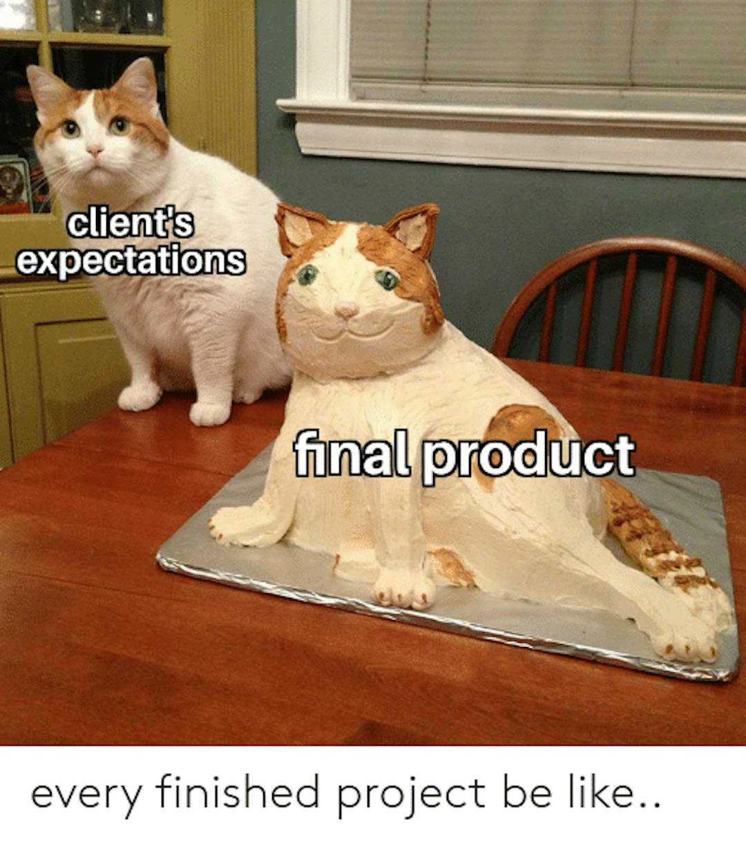 Source: https://me.me/i/clients-expectations-final-product-every-finished-project-be-like-bdf5413a01b943a6a83d2304fb68501f