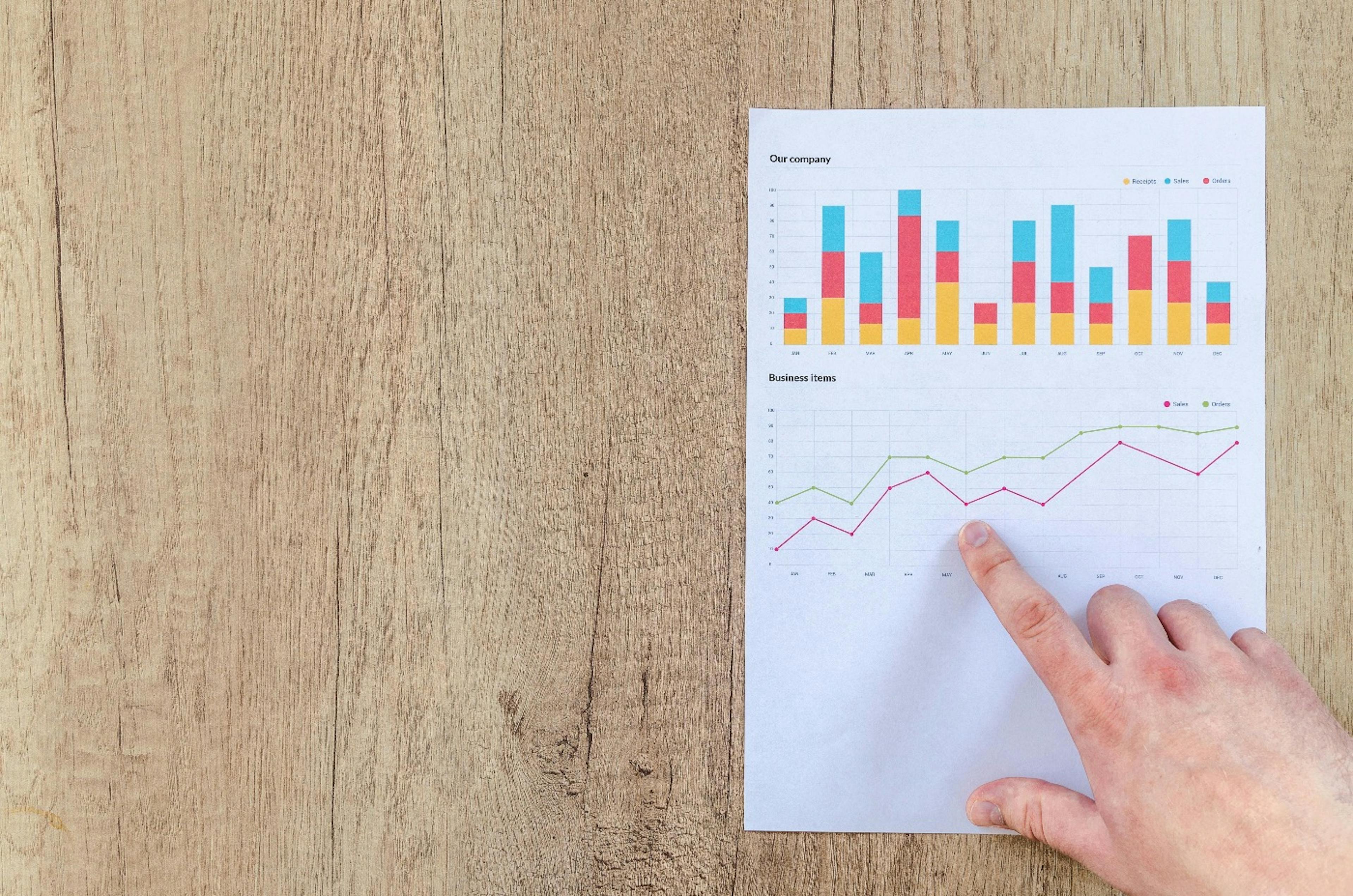 Hand pointing on charts.