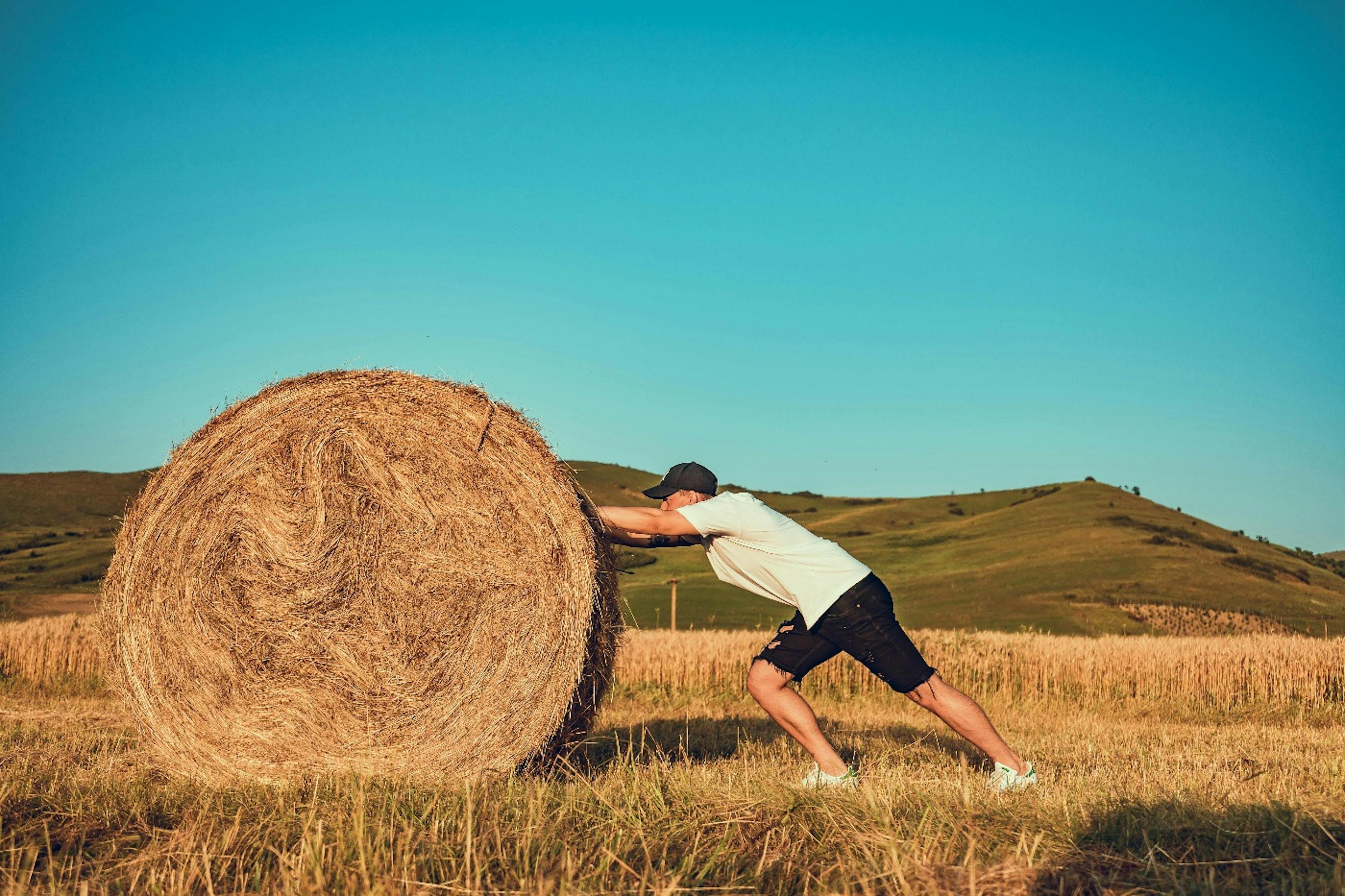 Man, pushing a haystack.