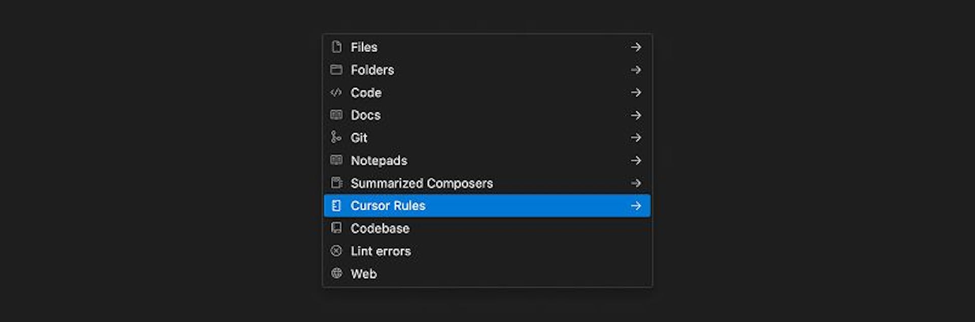 Different types on contexts available in Cursor editor