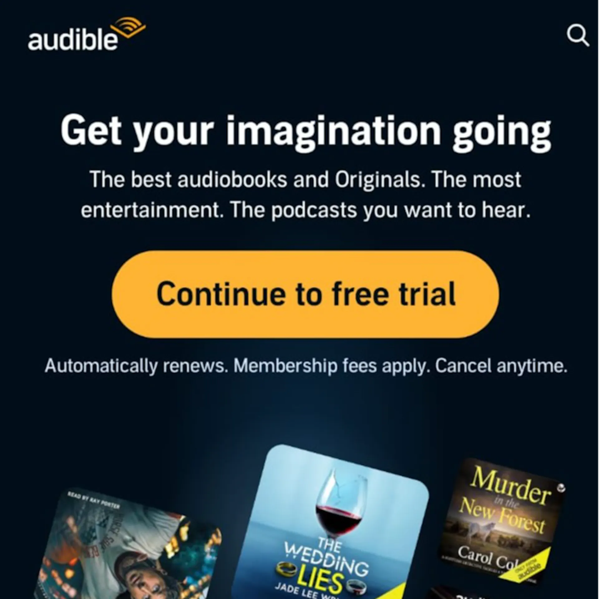 Audible displaying the auto-renewal post end of free trial