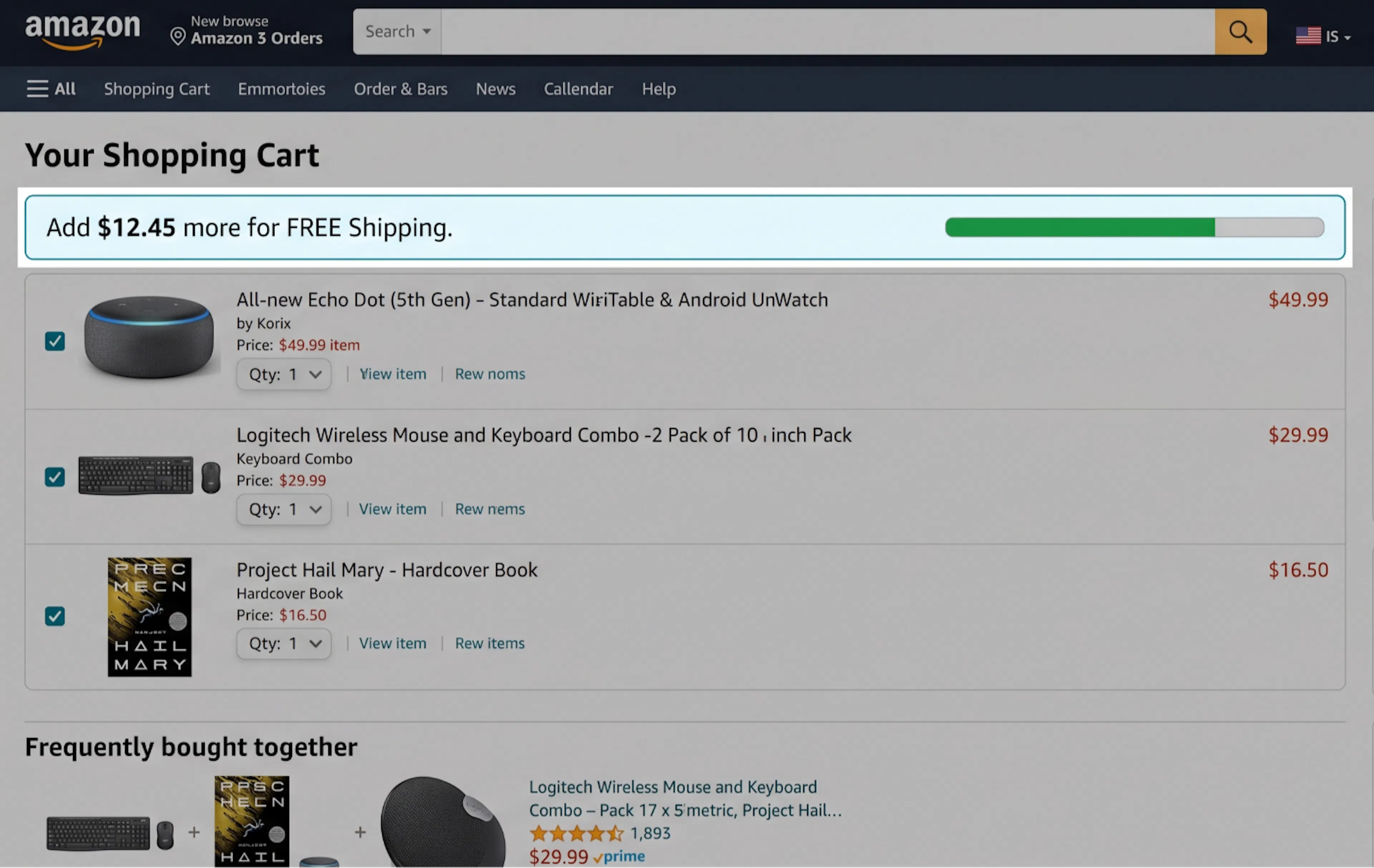 An amazon cart-page displaying the free-shipping threshold