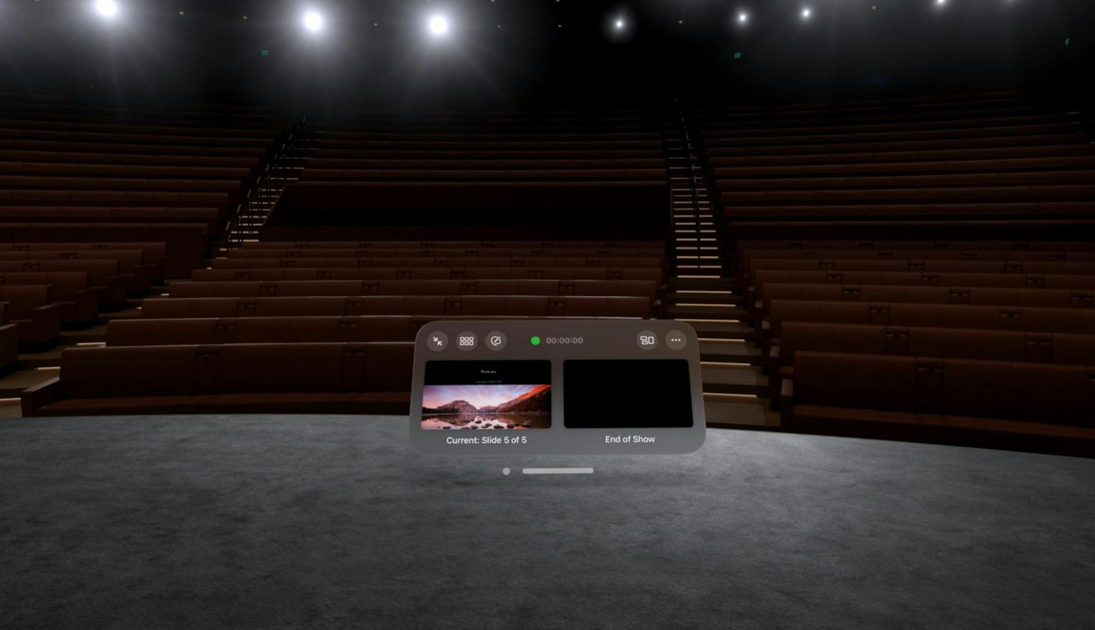 KeyNote, ambiente de teatro, vista de audiencia con panel de diapositivas